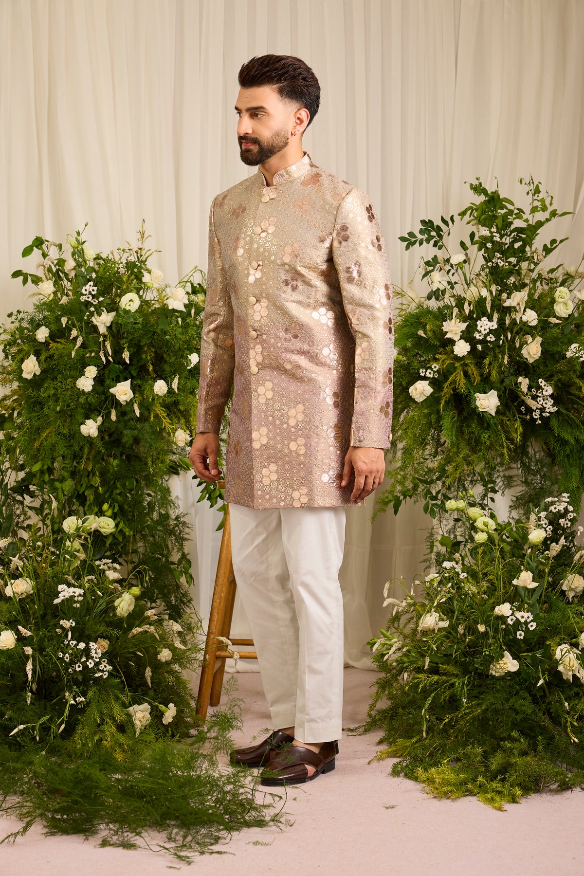 The Maison Rose — A Pink-Gold Sherwani with Textured Leatherwork