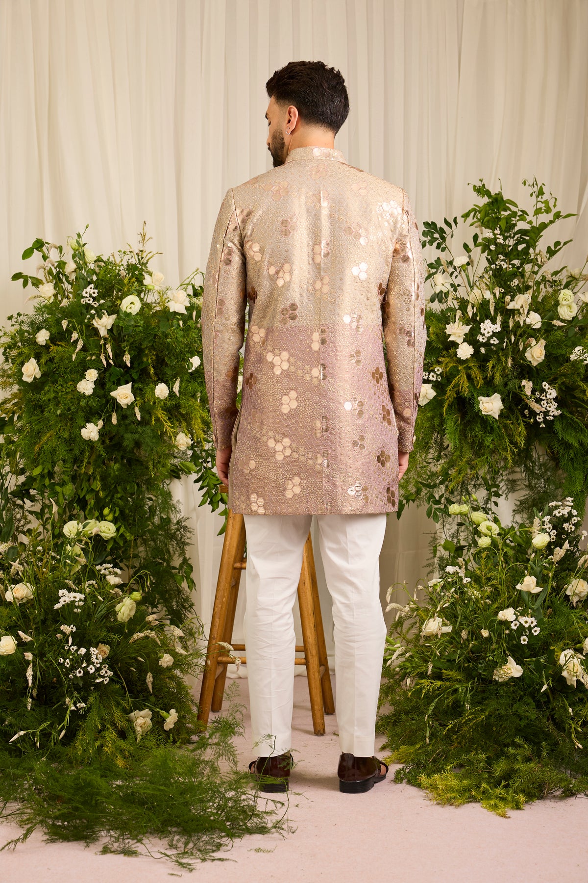 The Maison Rose — A Pink-Gold Sherwani with Textured Leatherwork