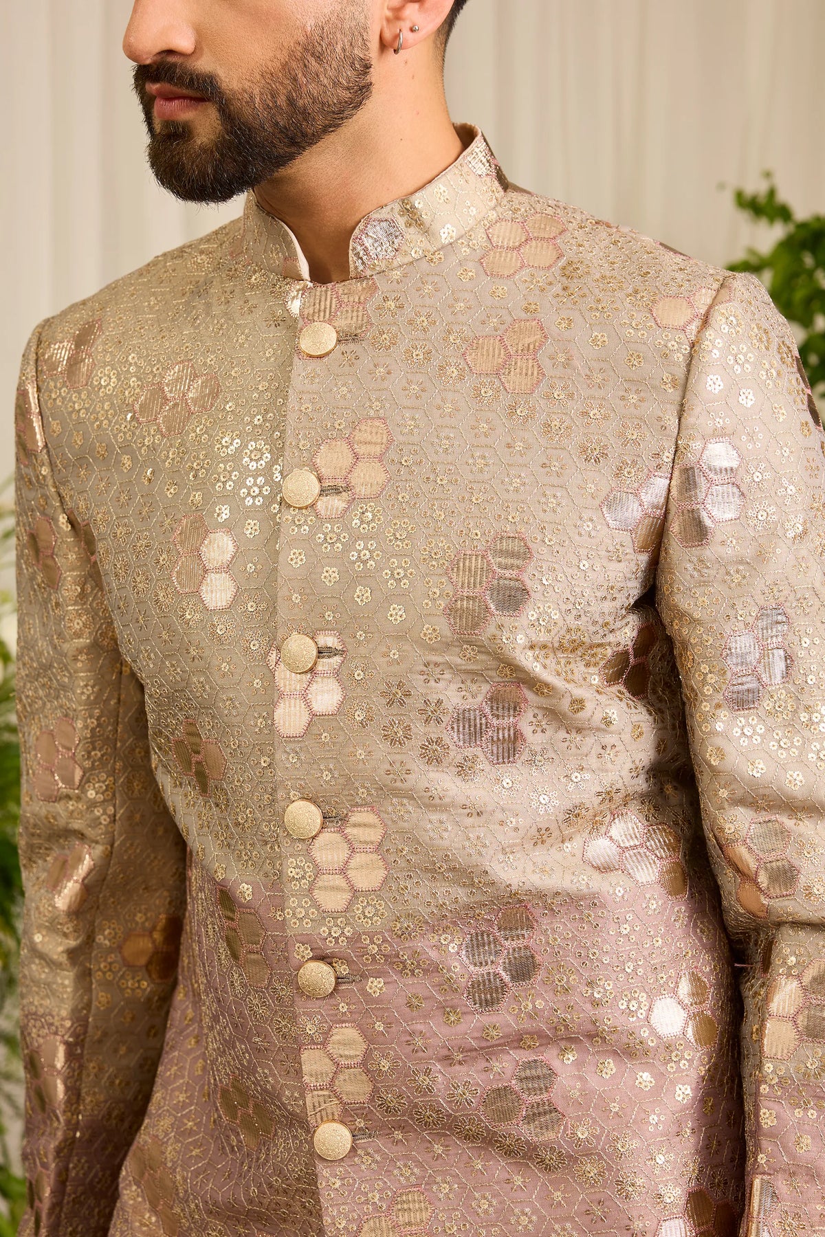 The Maison Rose — A Pink-Gold Sherwani with Textured Leatherwork