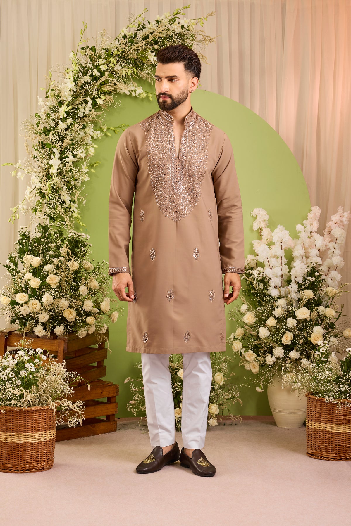 The Echelon — A Beige- brown Kurta with a Jewelled Neckline