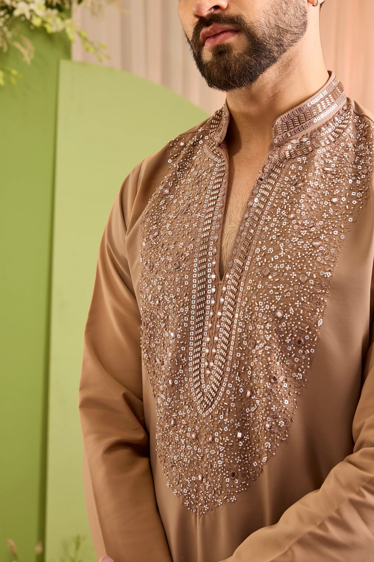 The Echelon — A Beige- brown Kurta with a Jewelled Neckline