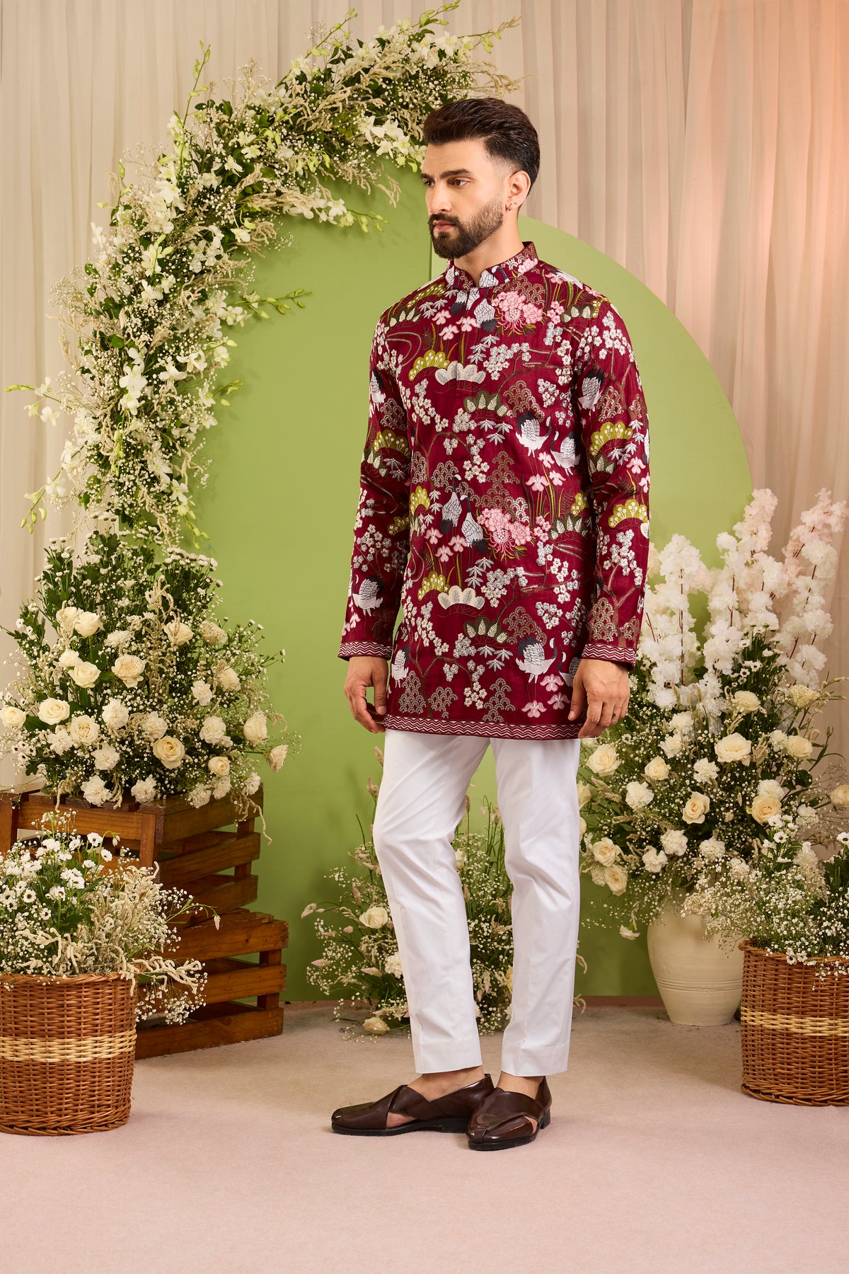 The Tropique -A blue Kurta with Flamingos and Floral Detail
