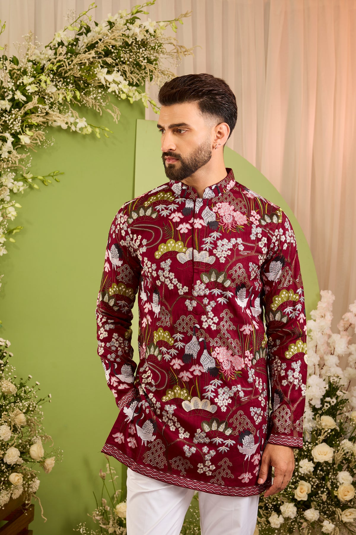 The Tropique -A blue Kurta with Flamingos and Floral Detail