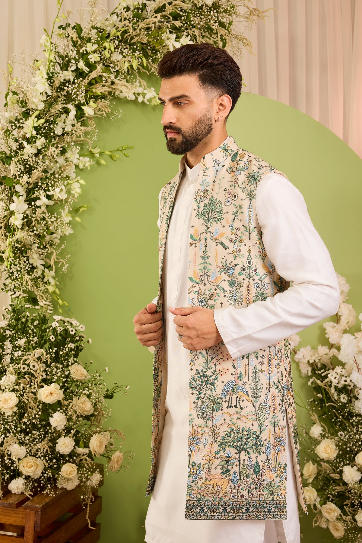 Brown long open jacket Alive with Tropical Embroidery