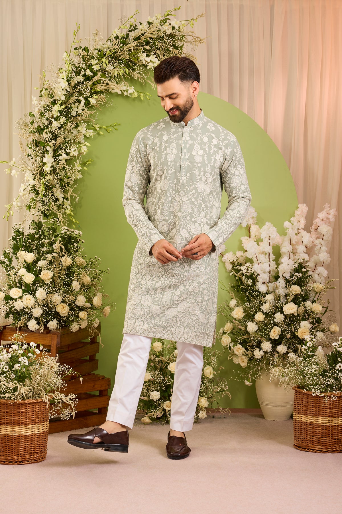 The Silvan — A  sage blue/green Kurta Alive with Ivory Flora and Fauna