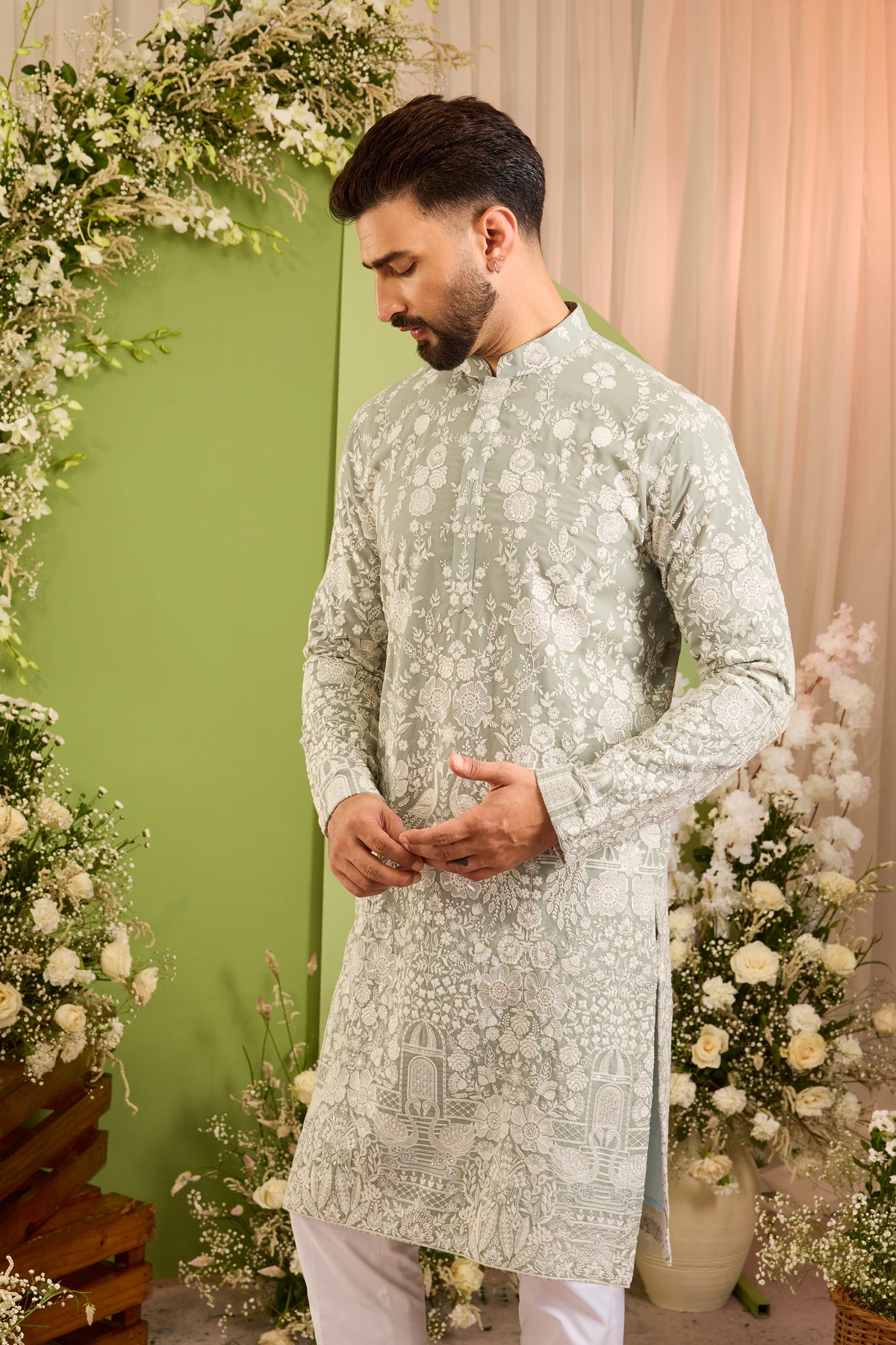 The Silvan — A  sage blue/green Kurta Alive with Ivory Flora and Fauna