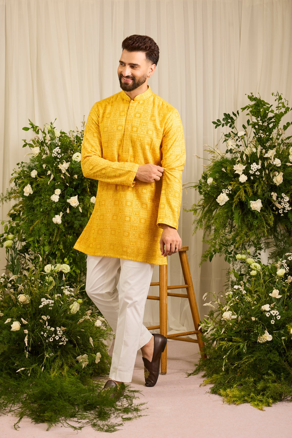 The moncler -  Mustard  asbtract  Kurta Richly Worked in Thread
