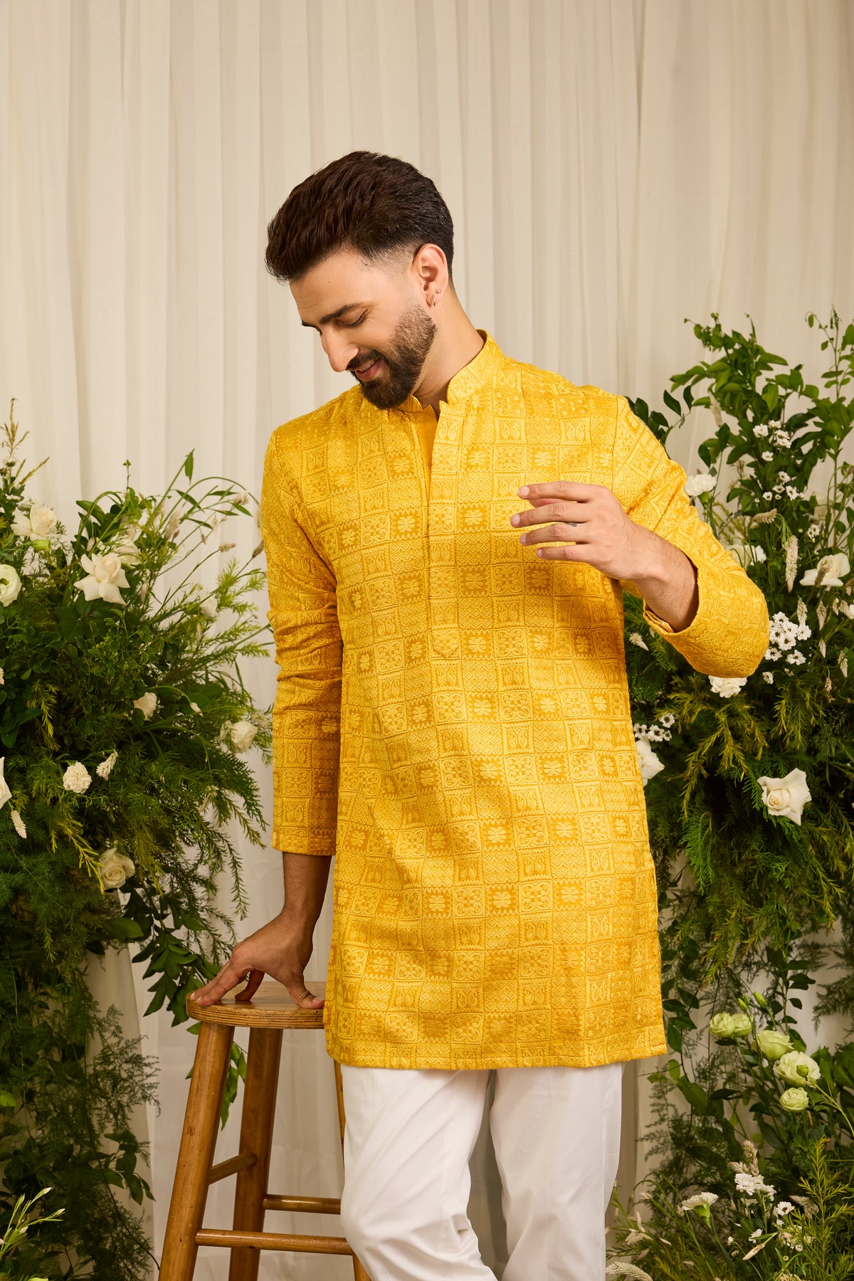 The moncler -  Mustard  asbtract  Kurta Richly Worked in Thread