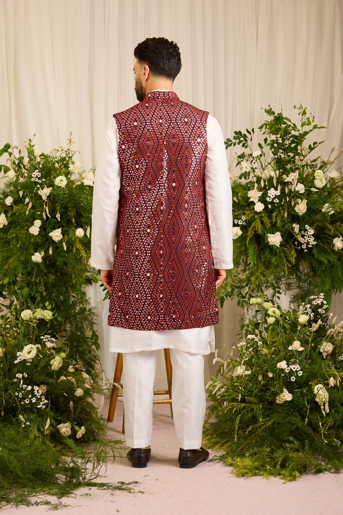 The Haute - A Statement maroon long open jacket with Mirror work Detailing