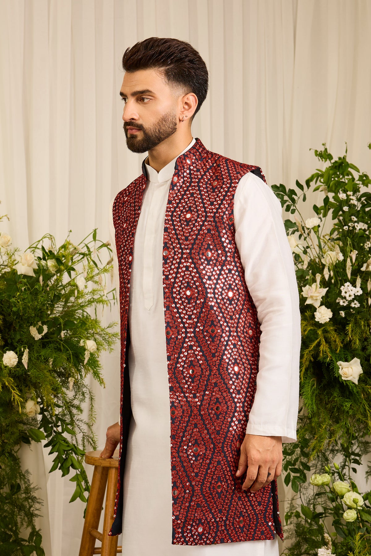 The Haute - A Statement maroon long open jacket with Mirror work Detailing