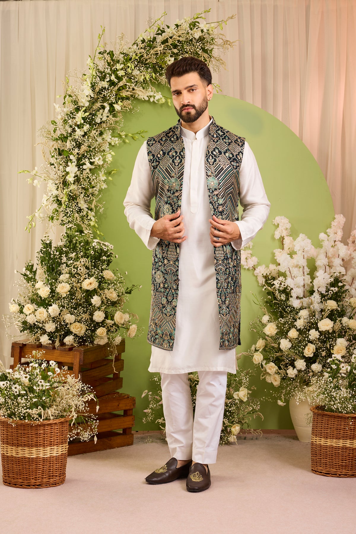 The D'Orsay -A Floral green long open jacket Richly Worked in Zari