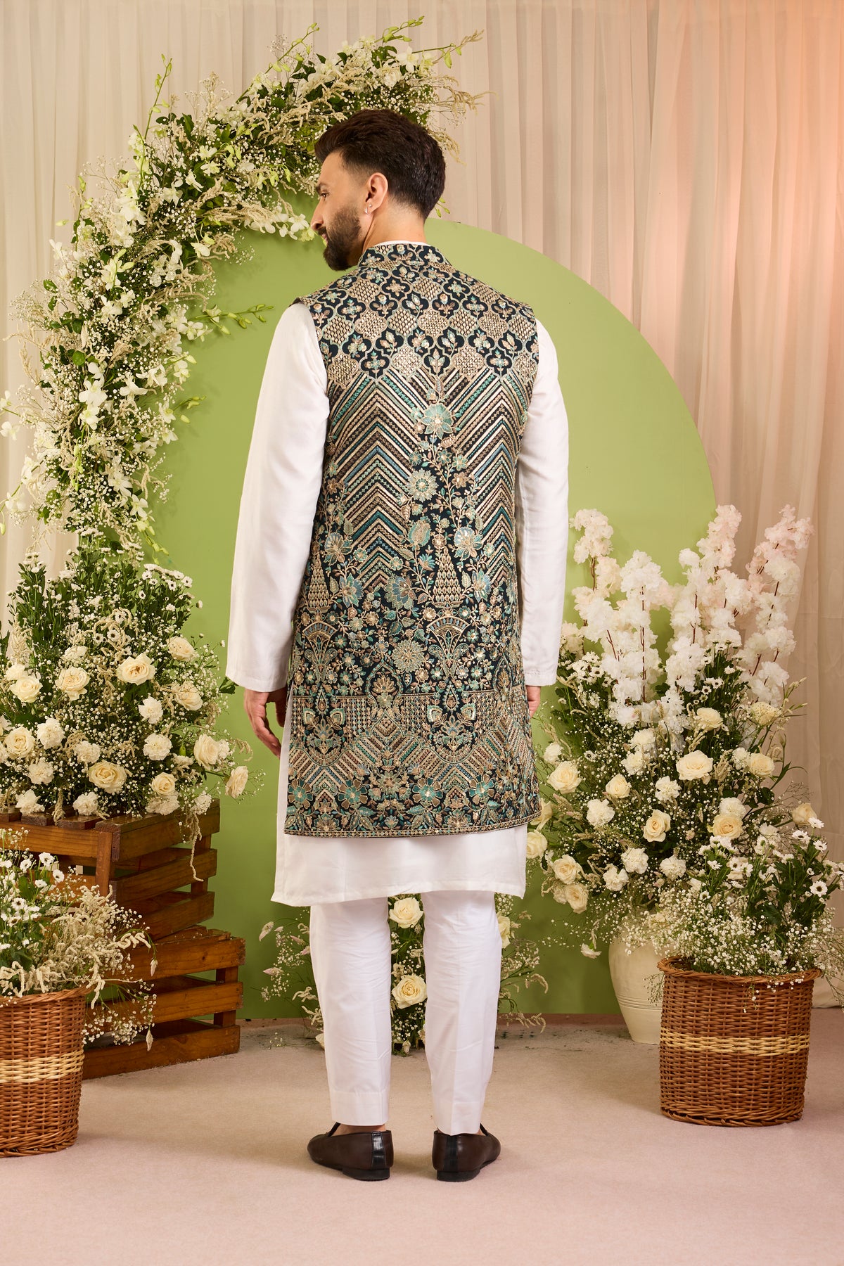 The D'Orsay -A Floral green long open jacket Richly Worked in Zari