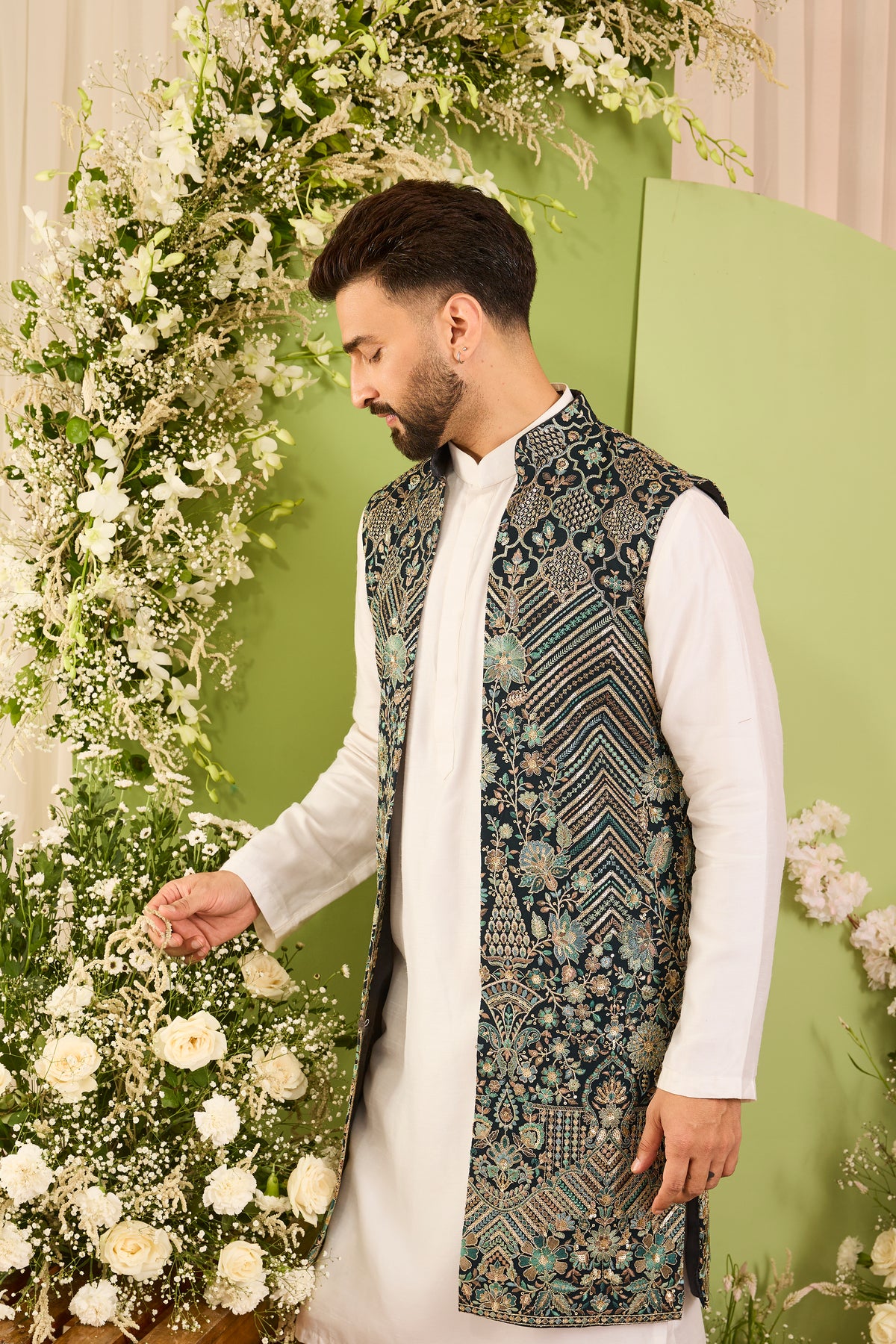 The D'Orsay -A Floral green long open jacket Richly Worked in Zari