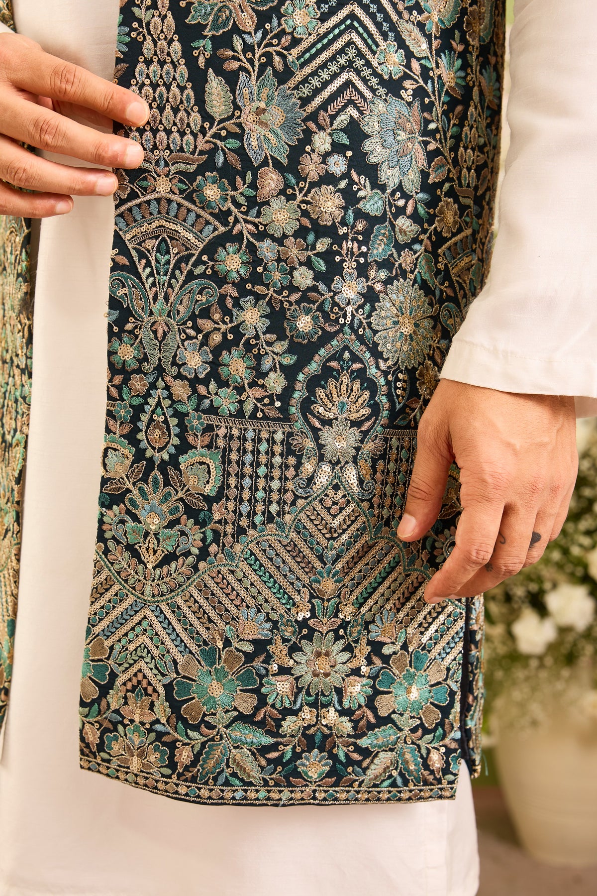 The D'Orsay -A Floral green long open jacket Richly Worked in Zari
