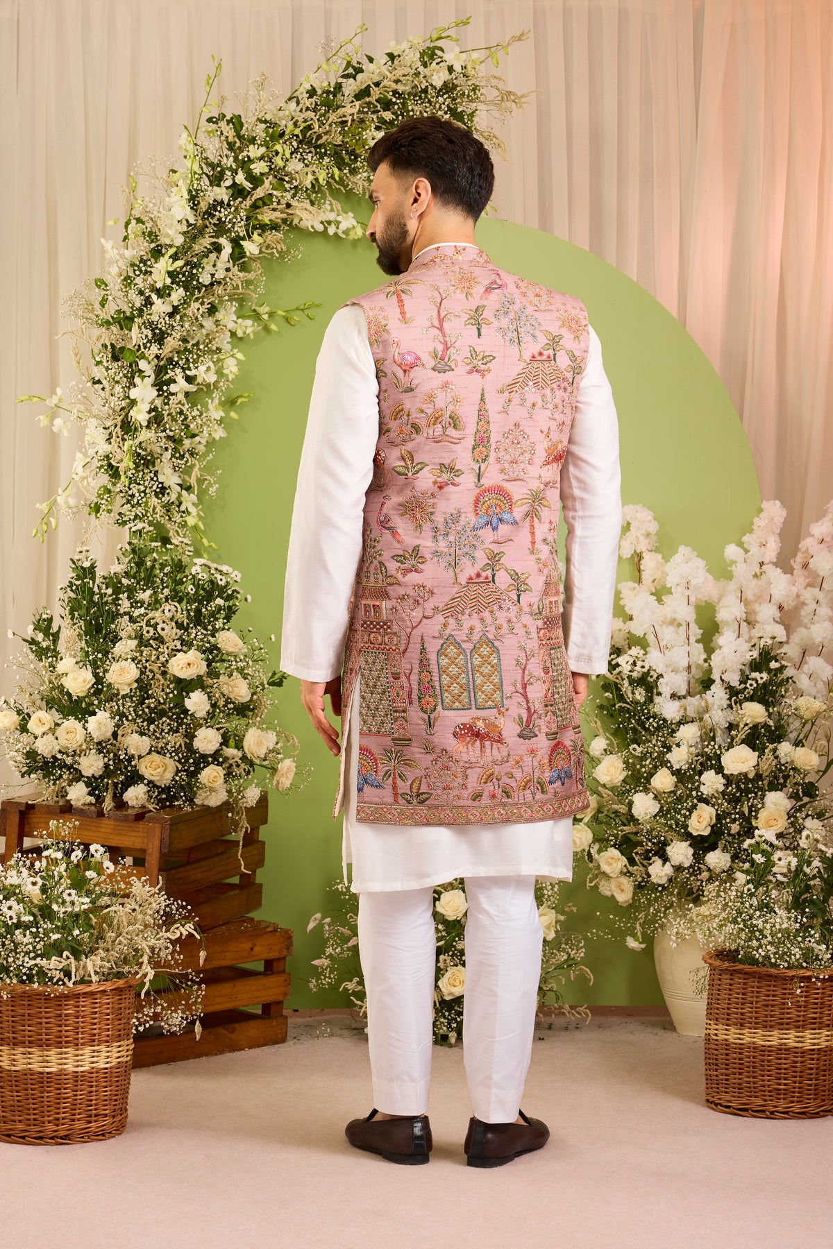 The Crosby — A Mauve long open jacket  Richly Embroidered with Nature Motifs