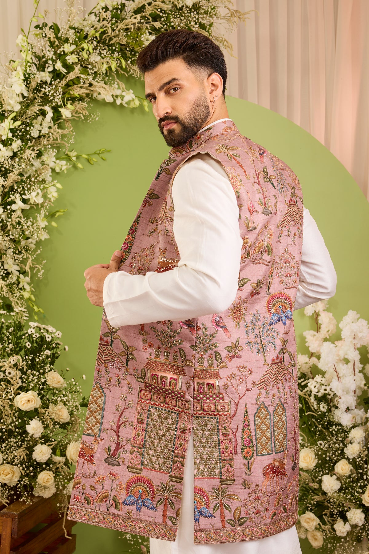 The Crosby — A Mauve long open jacket  Richly Embroidered with Nature Motifs