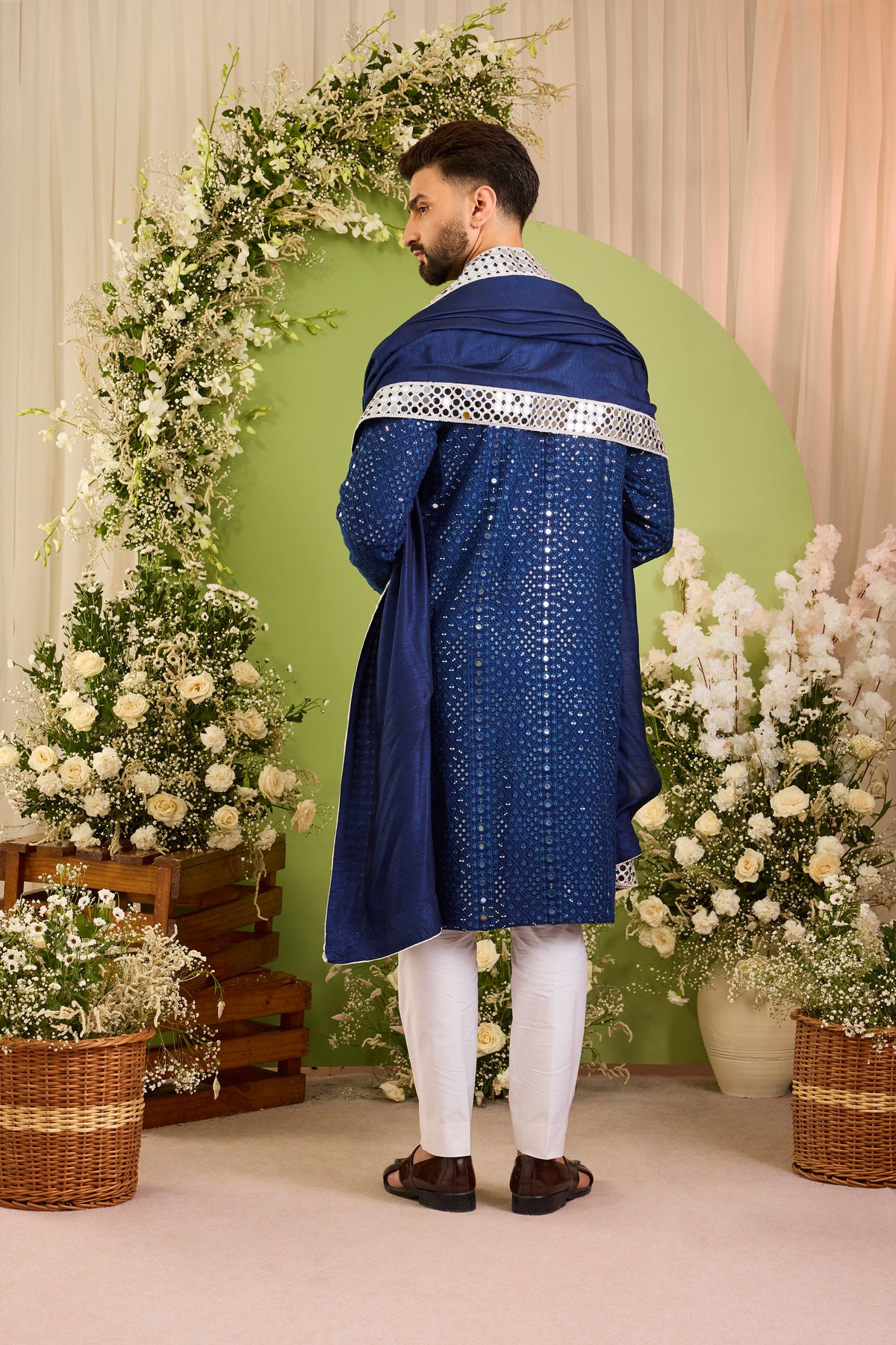 Signature royal blue mirror work Kurta with Intricate mirror work stole