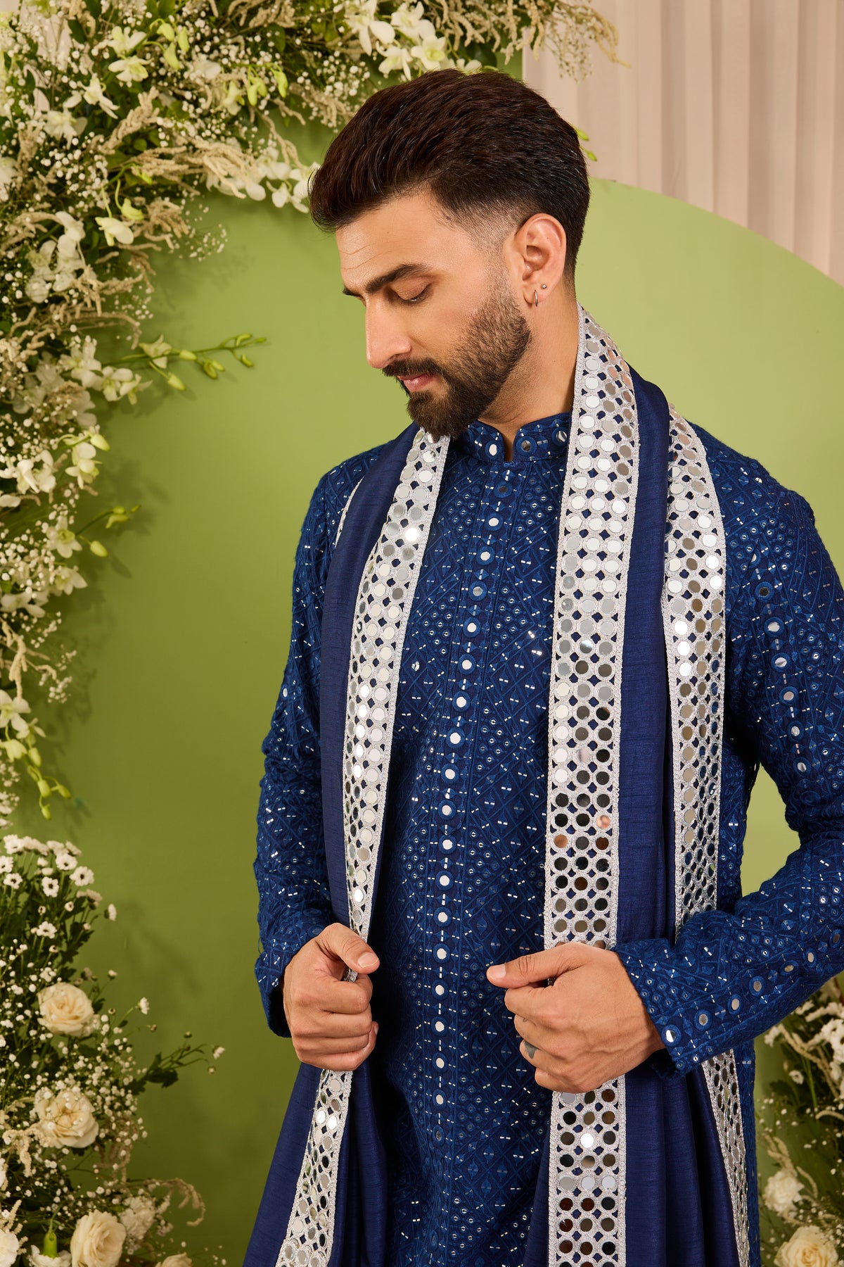Signature royal blue mirror work Kurta with Intricate mirror work stole