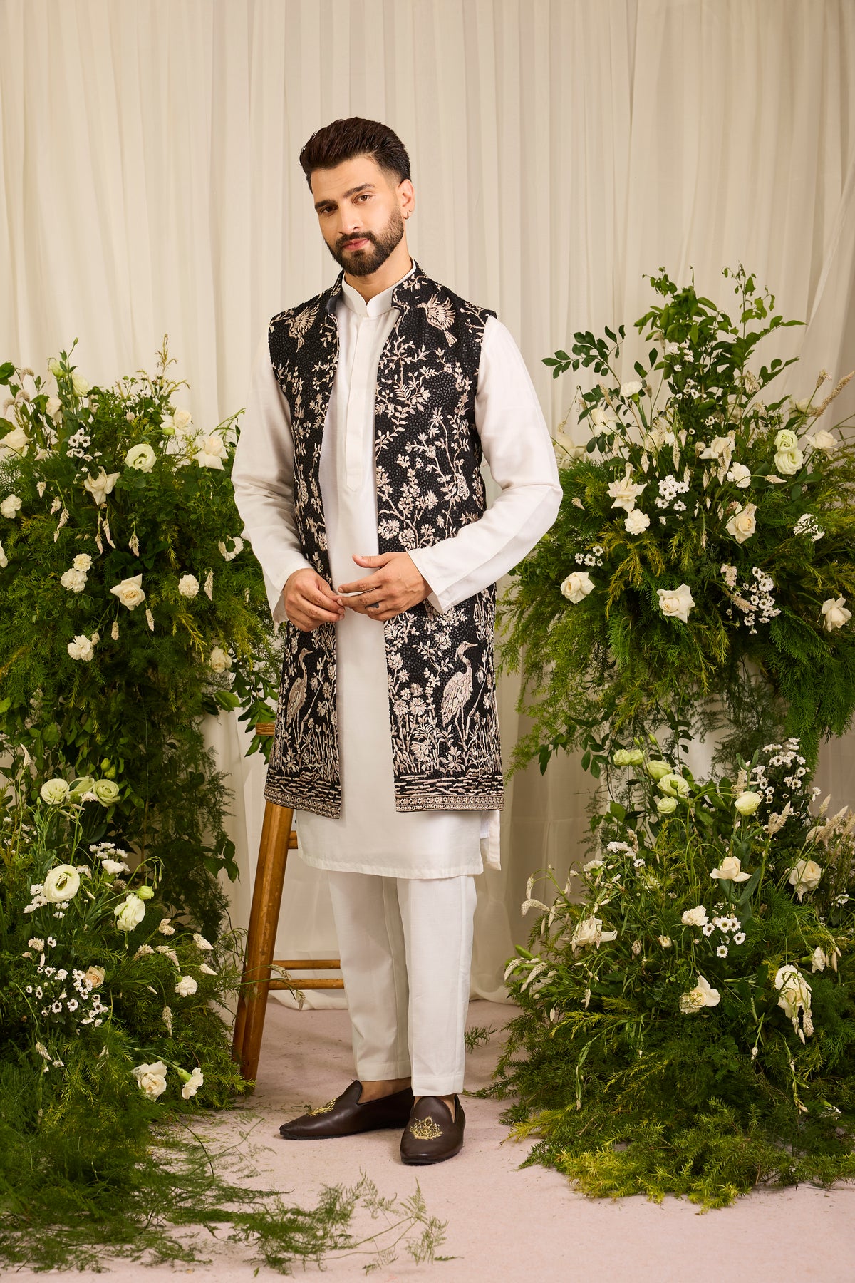 A Midnight Sequin long open jacket Embellished in Golden Threadwork and majestic flamingos