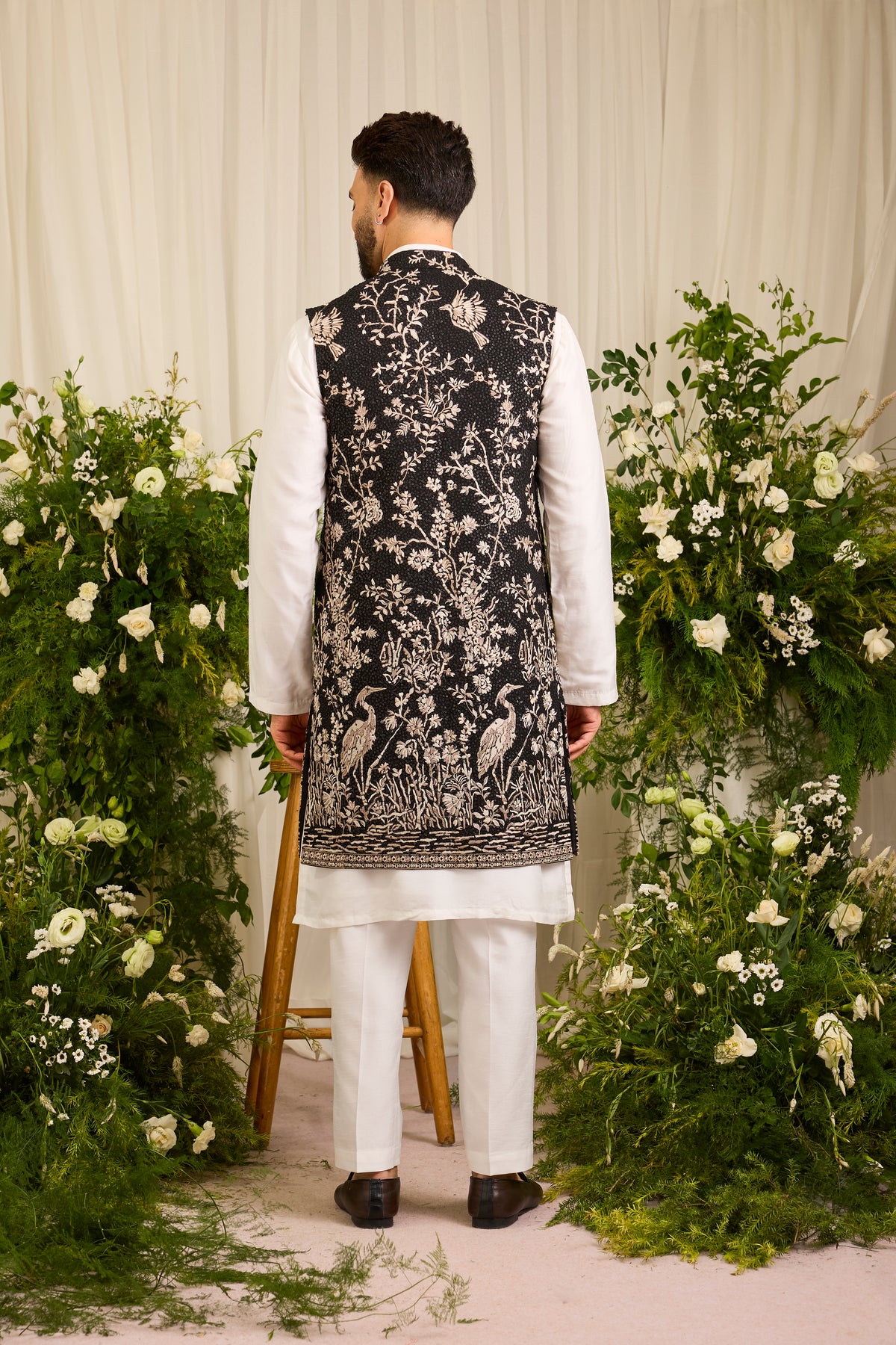 A Midnight Sequin long open jacket Embellished in Golden Threadwork and majestic flamingos