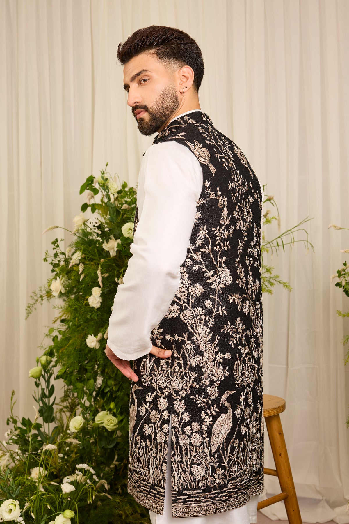 A Midnight Sequin long open jacket Embellished in Golden Threadwork and majestic flamingos