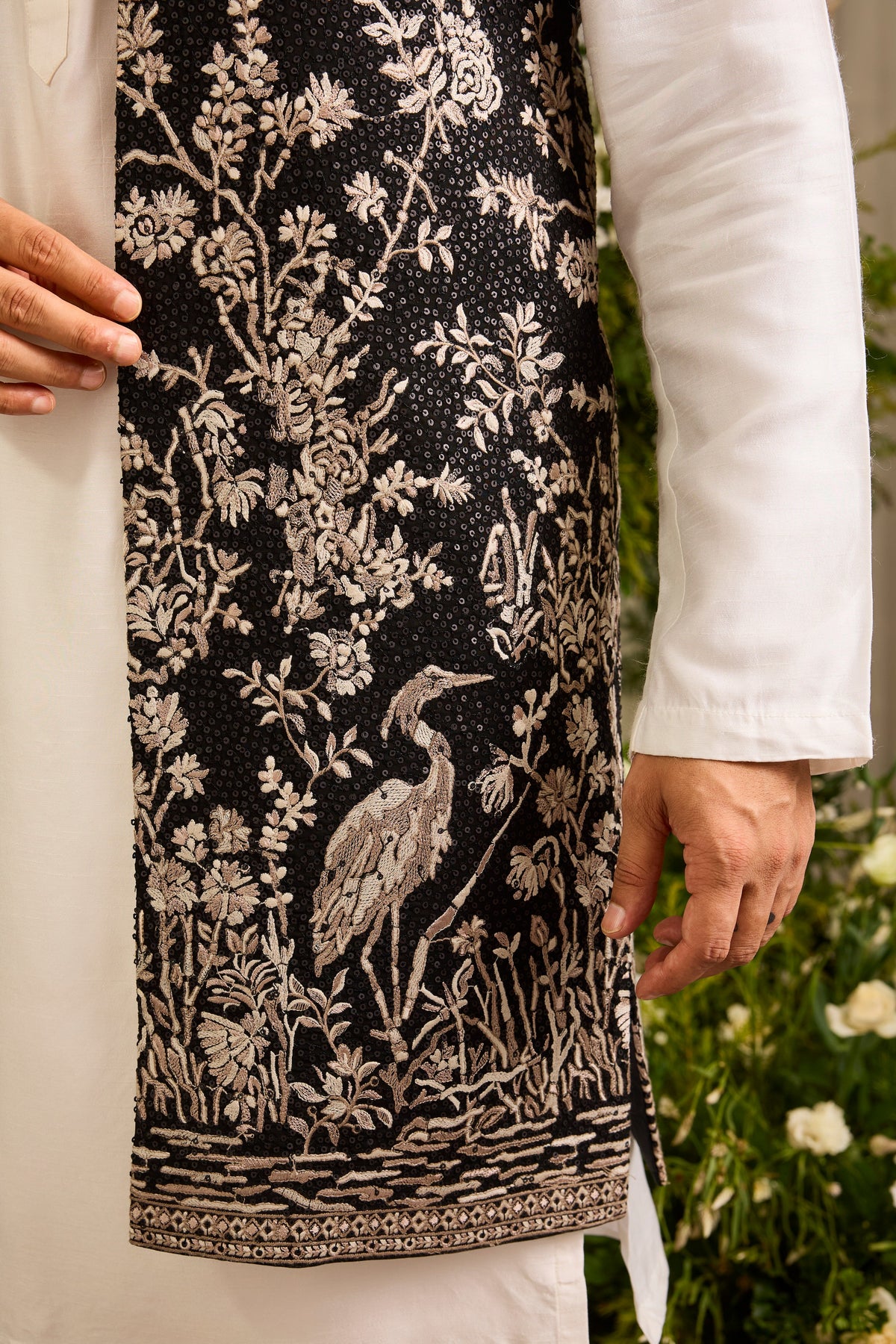A Midnight Sequin long open jacket Embellished in Golden Threadwork and majestic flamingos