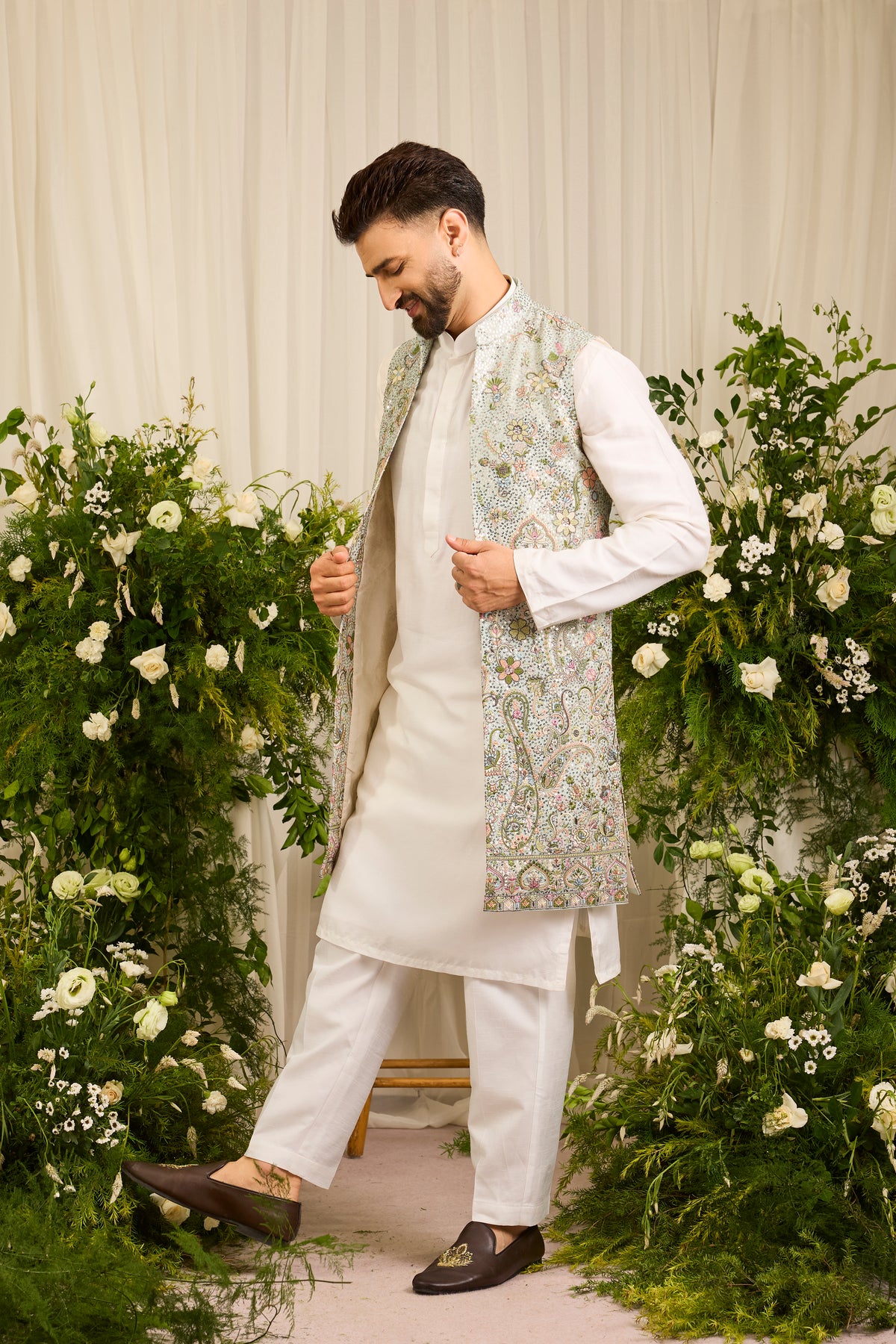 The Eminence - A Beige long open jacket Richly Worked in Cut-Dana