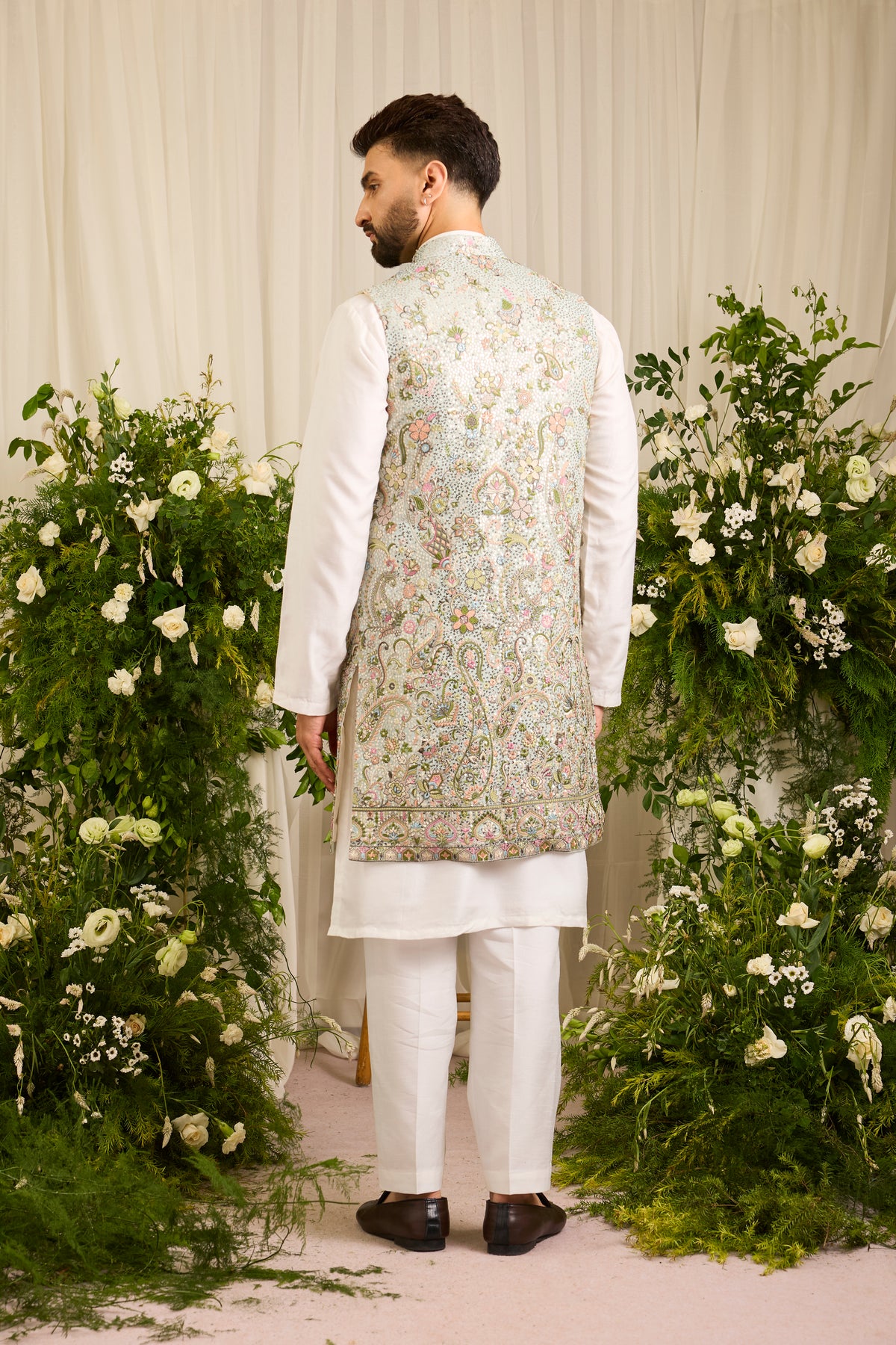 The Eminence - A Beige long open jacket Richly Worked in Cut-Dana