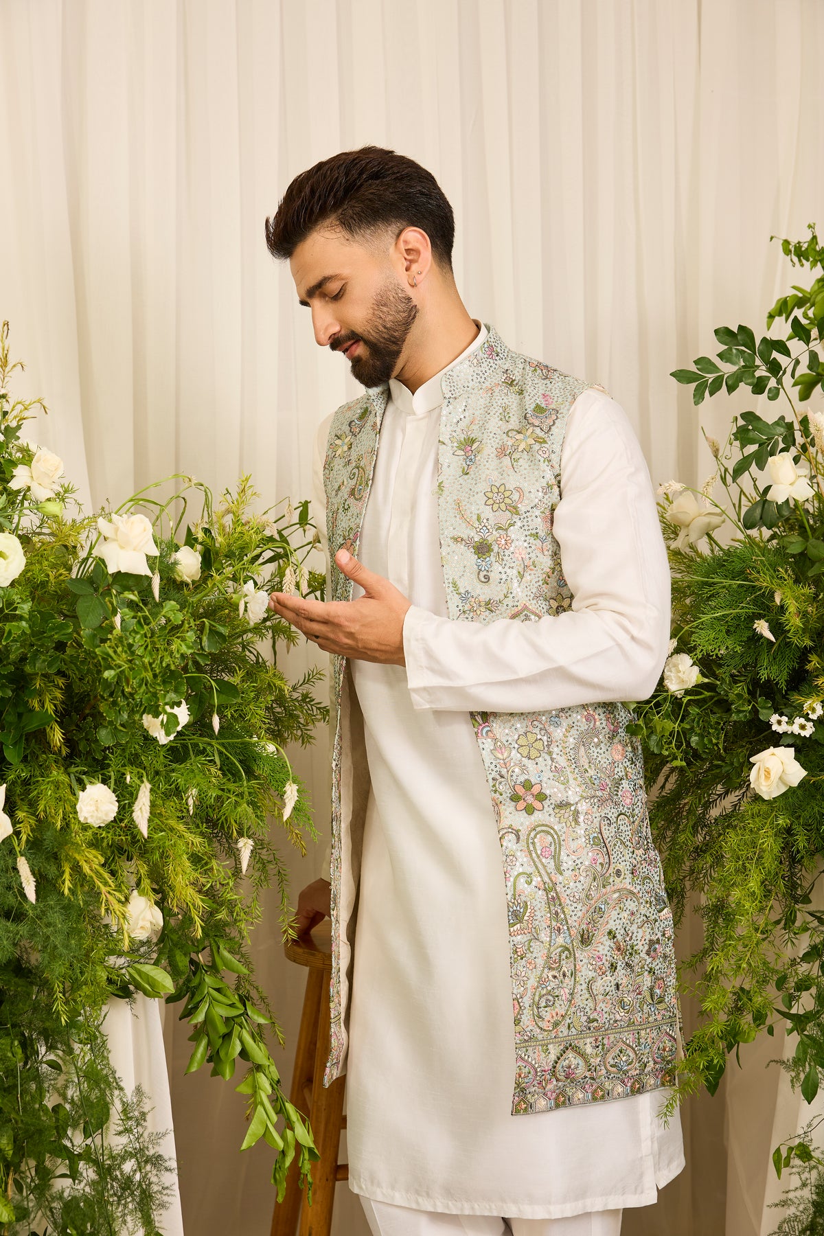 A blue Sequined long open  Jacket with Floral Embroidery