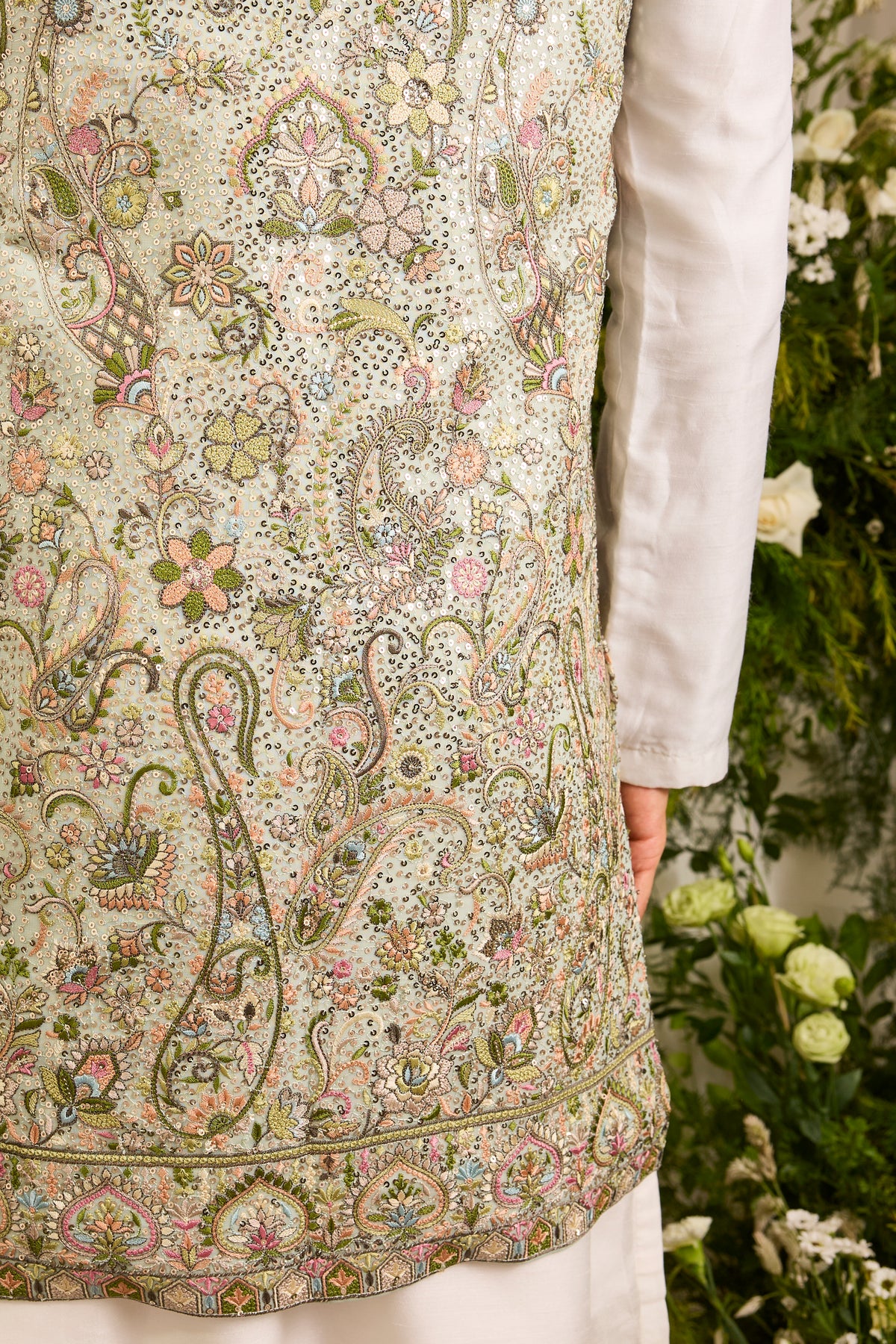 A blue Sequined long open  Jacket with Floral Embroidery