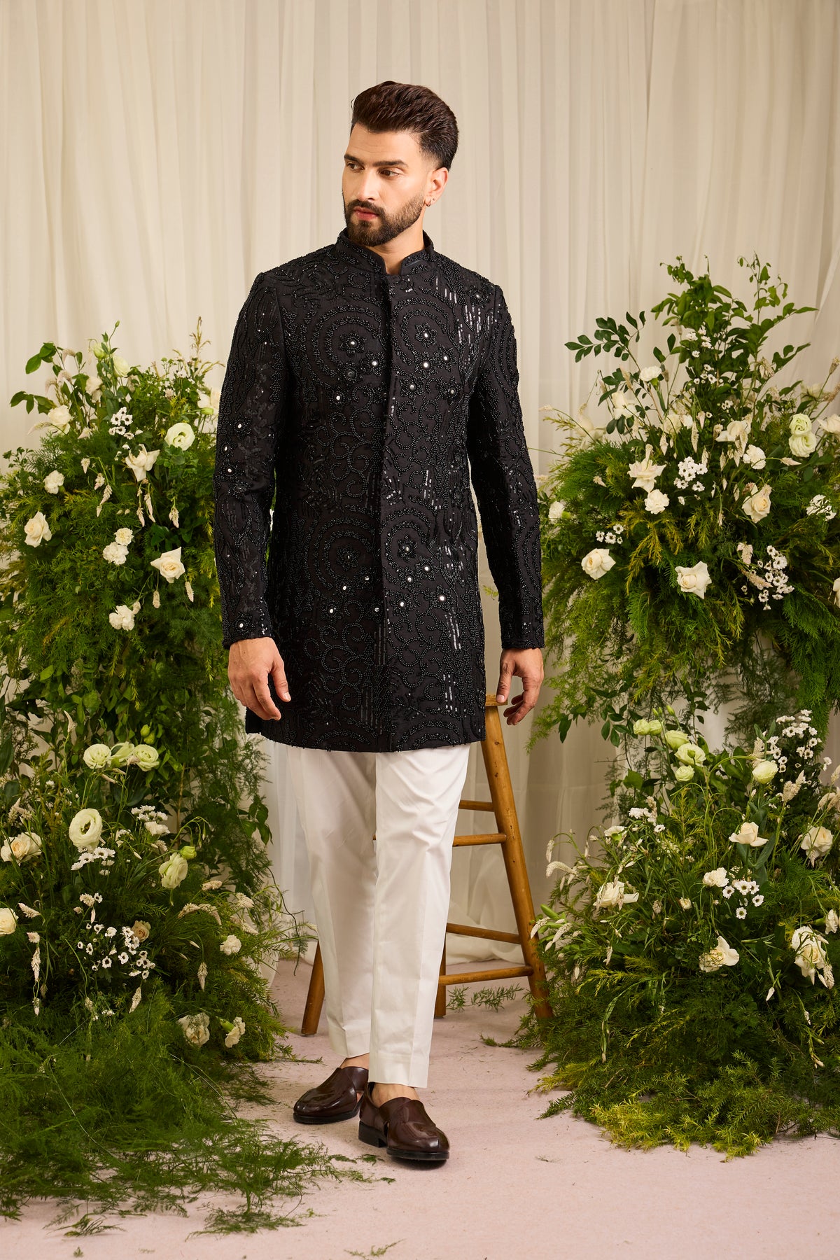 The Lannister - A black Sherwani with Sculptural Black Embellishment