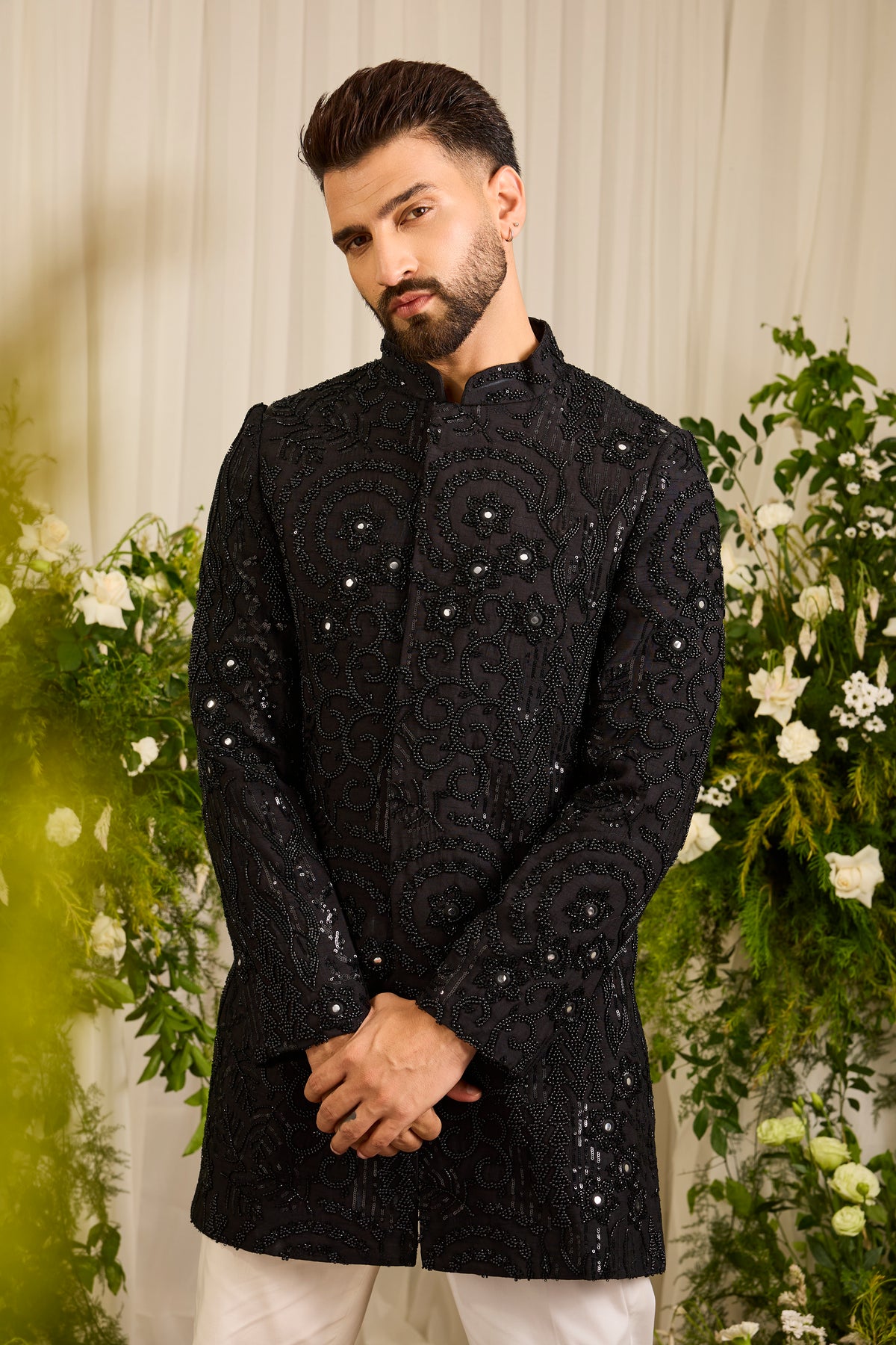 The Lannister - A black Sherwani with Sculptural Black Embellishment