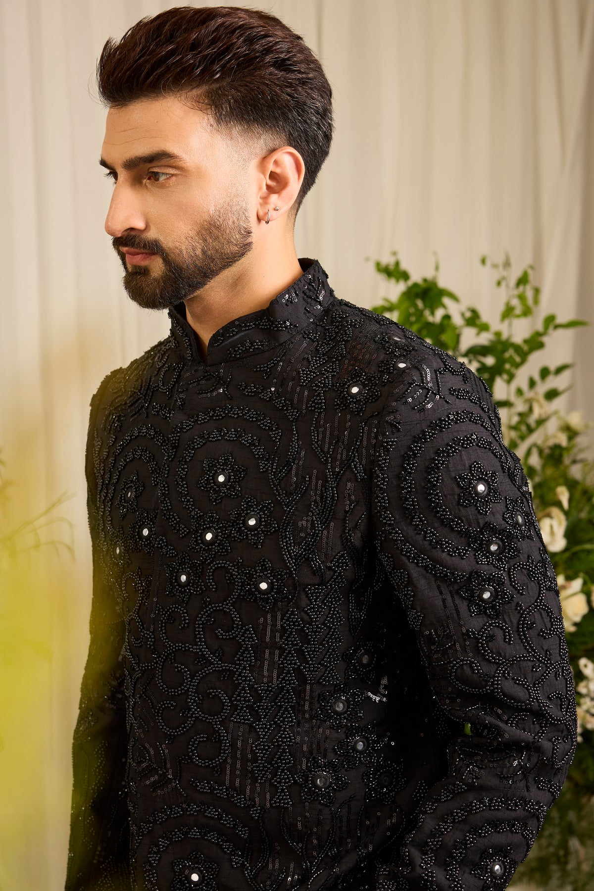 The Lannister - A black Sherwani with Sculptural Black Embellishment