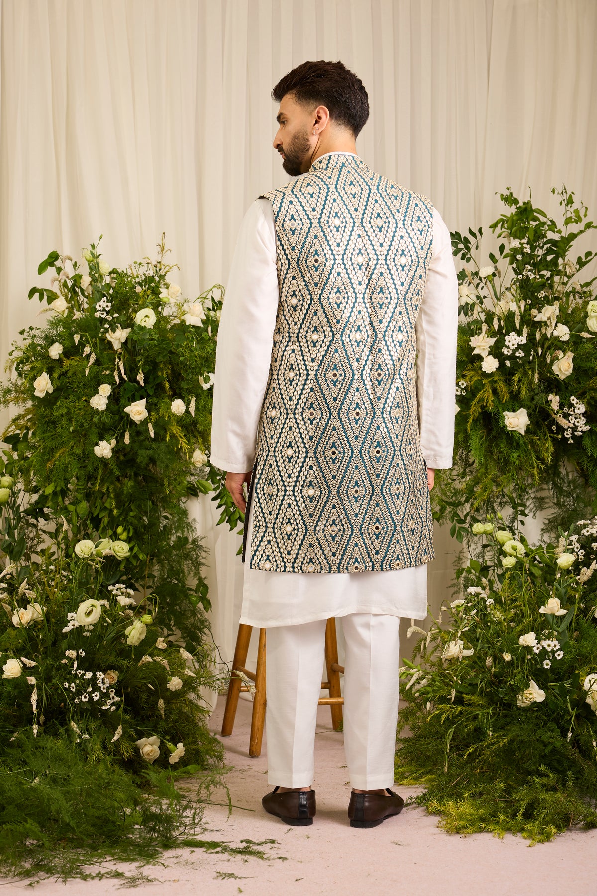 The Haute - A Statement Teal long open jacket with Mirror work Detailing