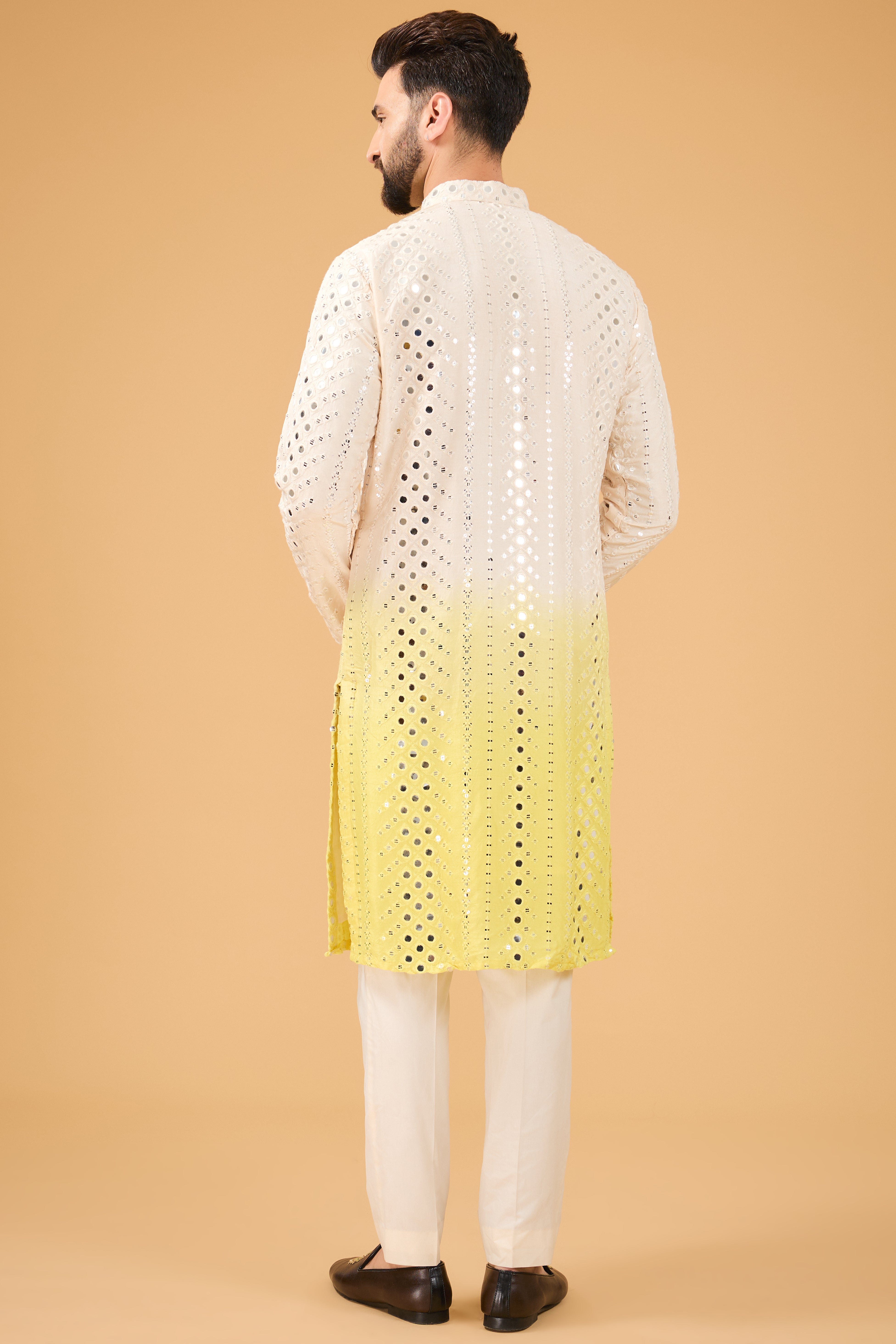 signature yellow ombre shaded mirror work kurta - kasbahmen