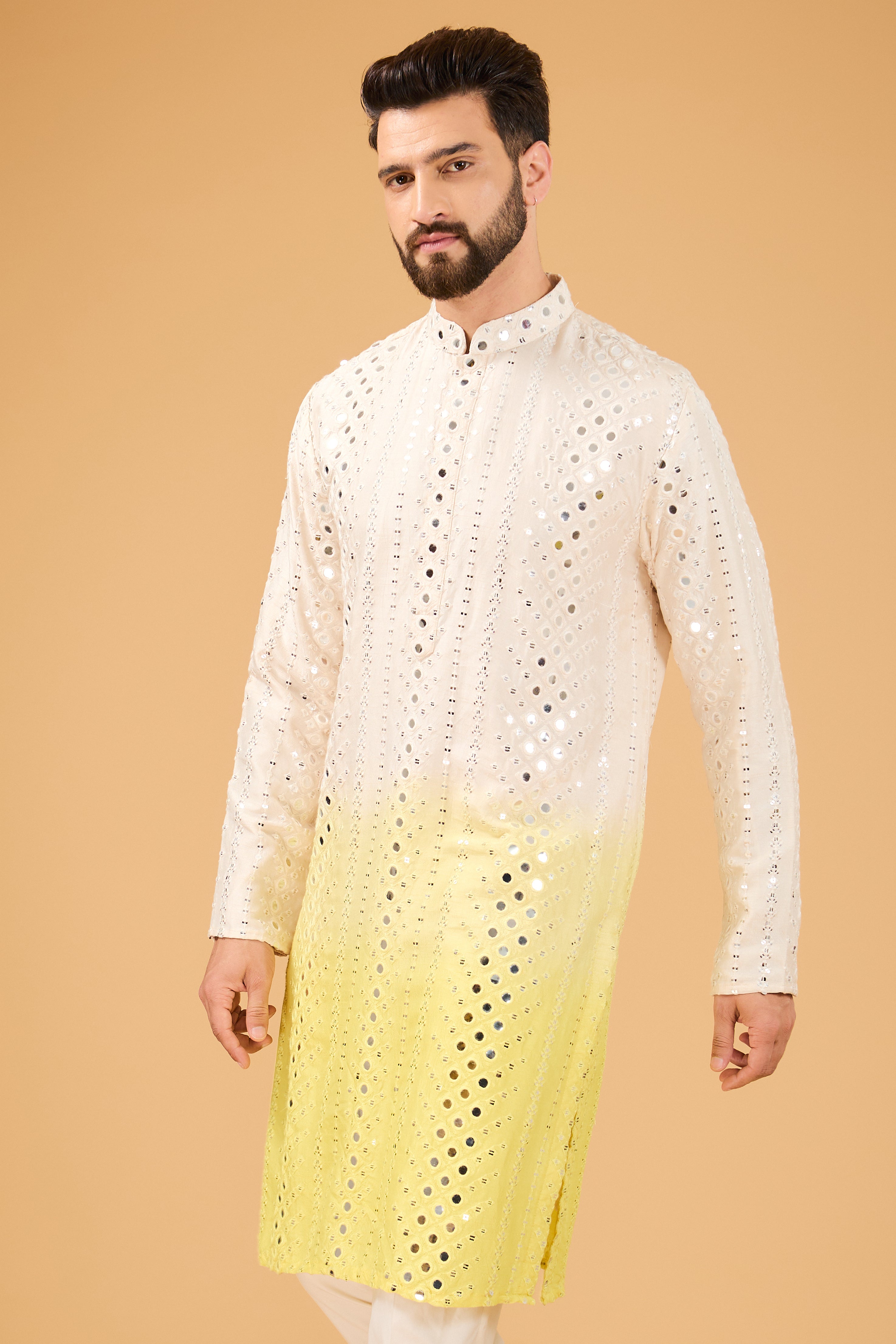 signature yellow ombre shaded mirror work kurta - kasbahmen