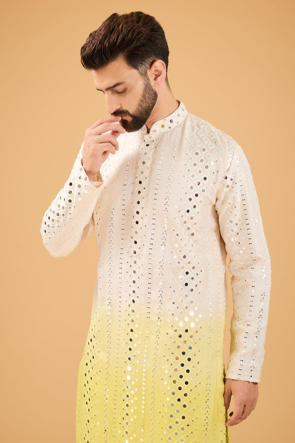 signature yellow ombre shaded mirror work kurta - kasbahmen