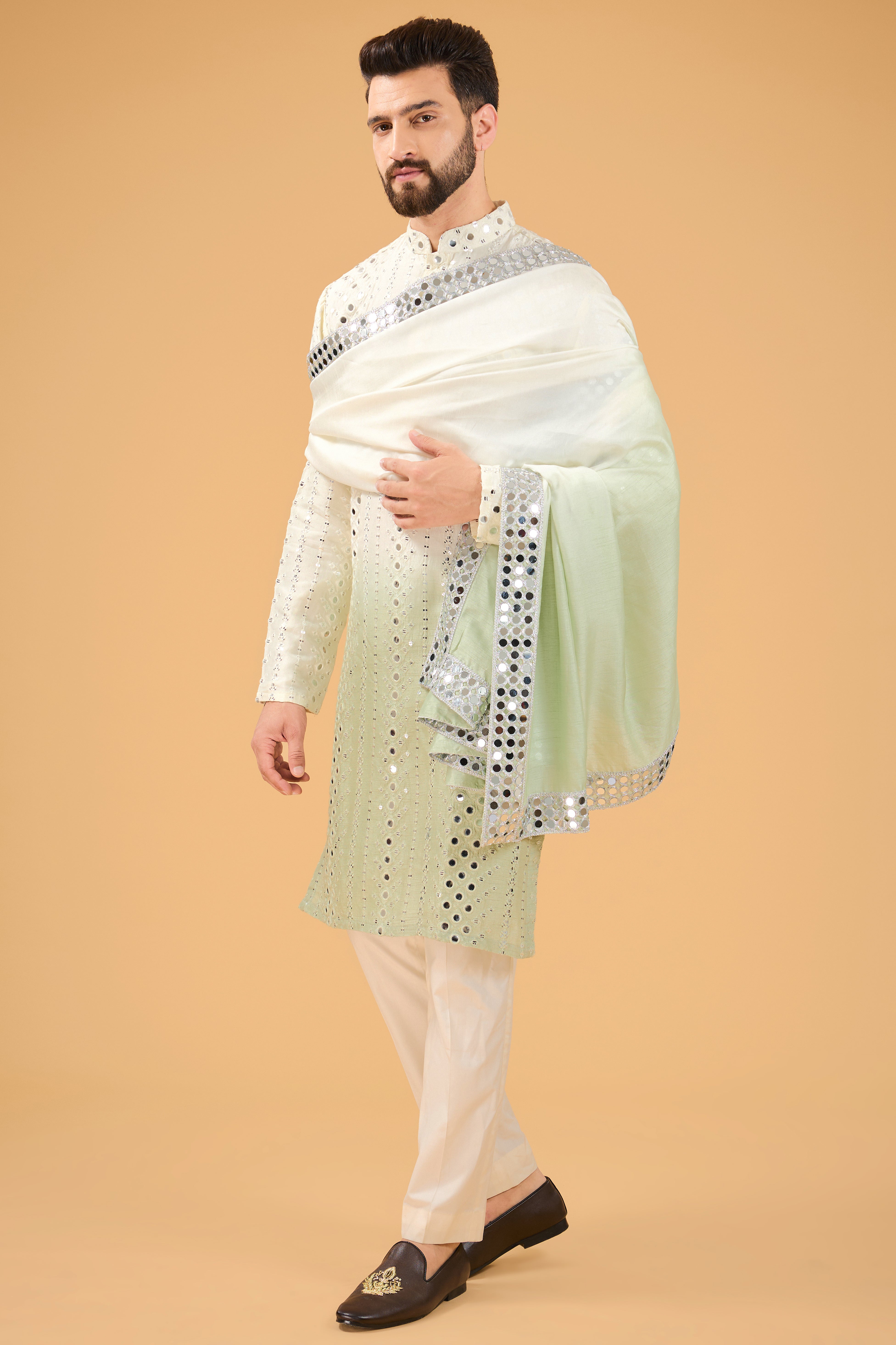 Cream-sage green ombre mirror-work kurta with mirror-work stole. - kasbahmen