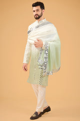 Cream-sage green ombre mirror-work kurta with mirror-work stole.