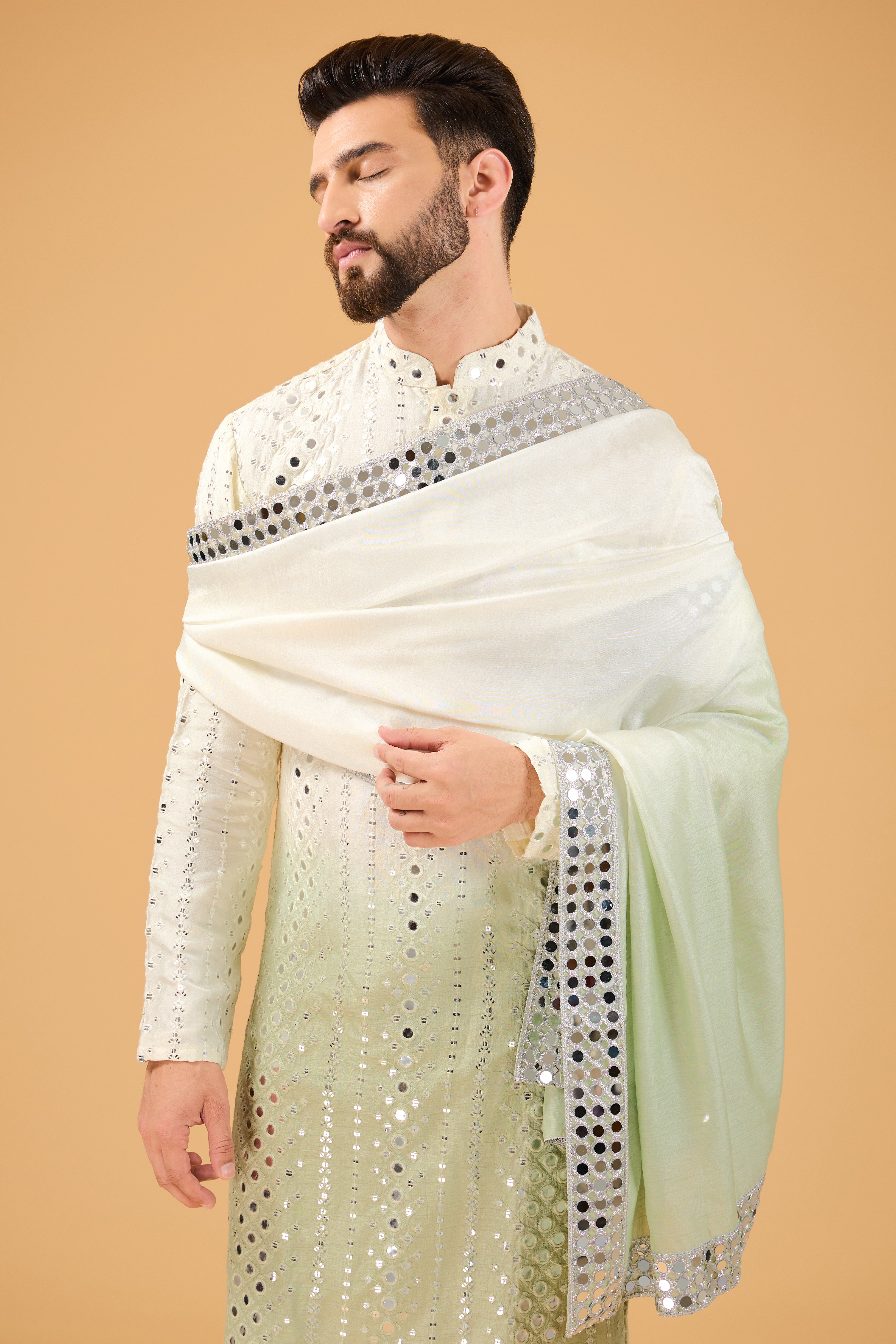 Cream-sage green ombre mirror-work kurta with mirror-work stole. - kasbahmen