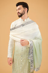 Cream-sage green ombre mirror-work kurta with mirror-work stole.