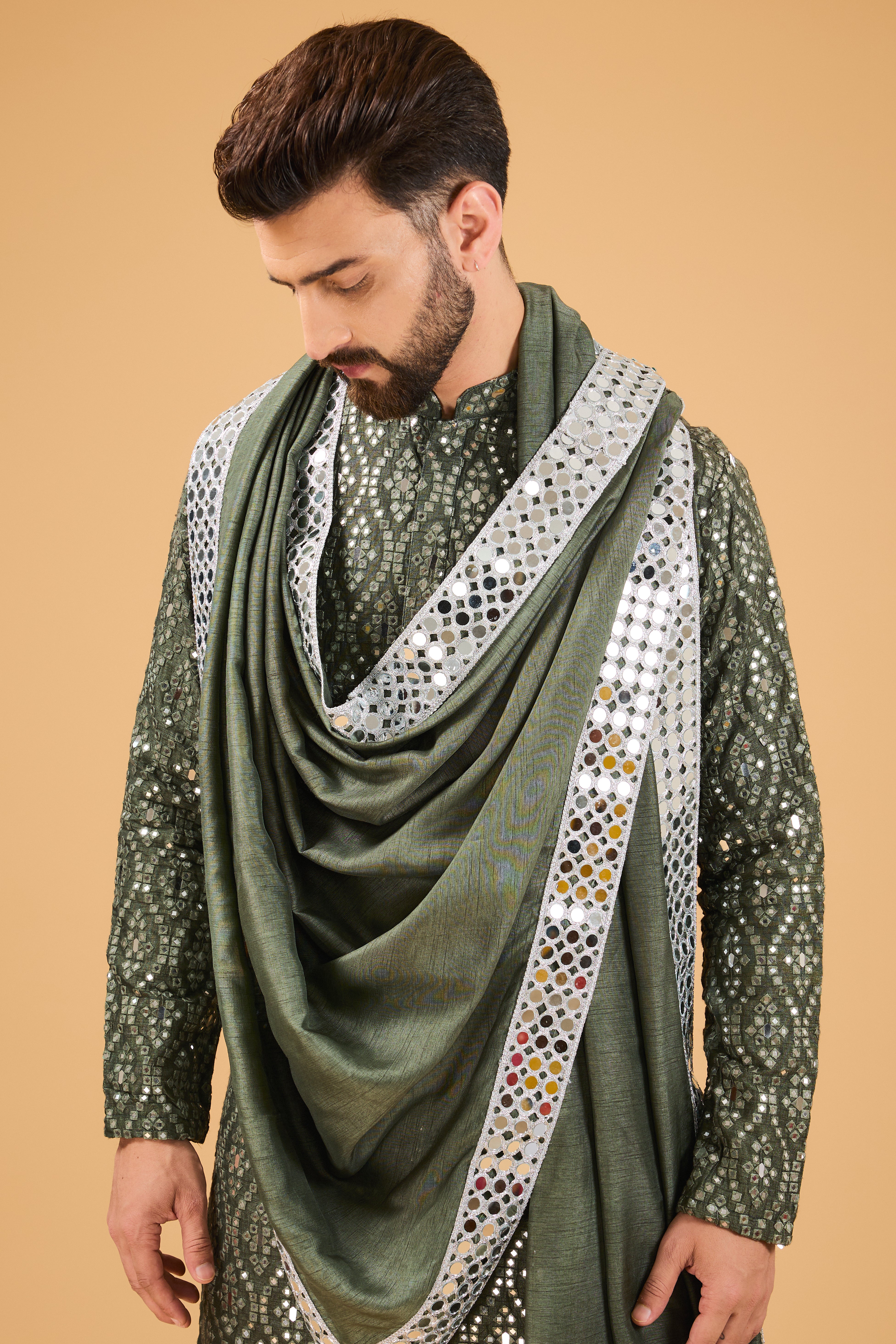 Signature military green mirror-work kurta paired with mirror-work stole. - kasbahmen