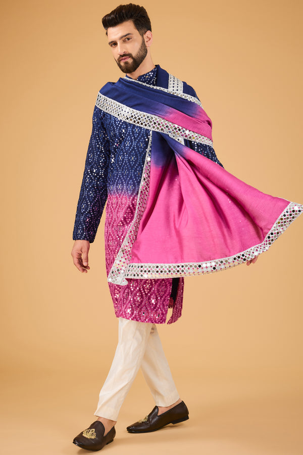 Midnight blue-fuchsia pink ombre shaded mirror work kurta with mirror-work stole.