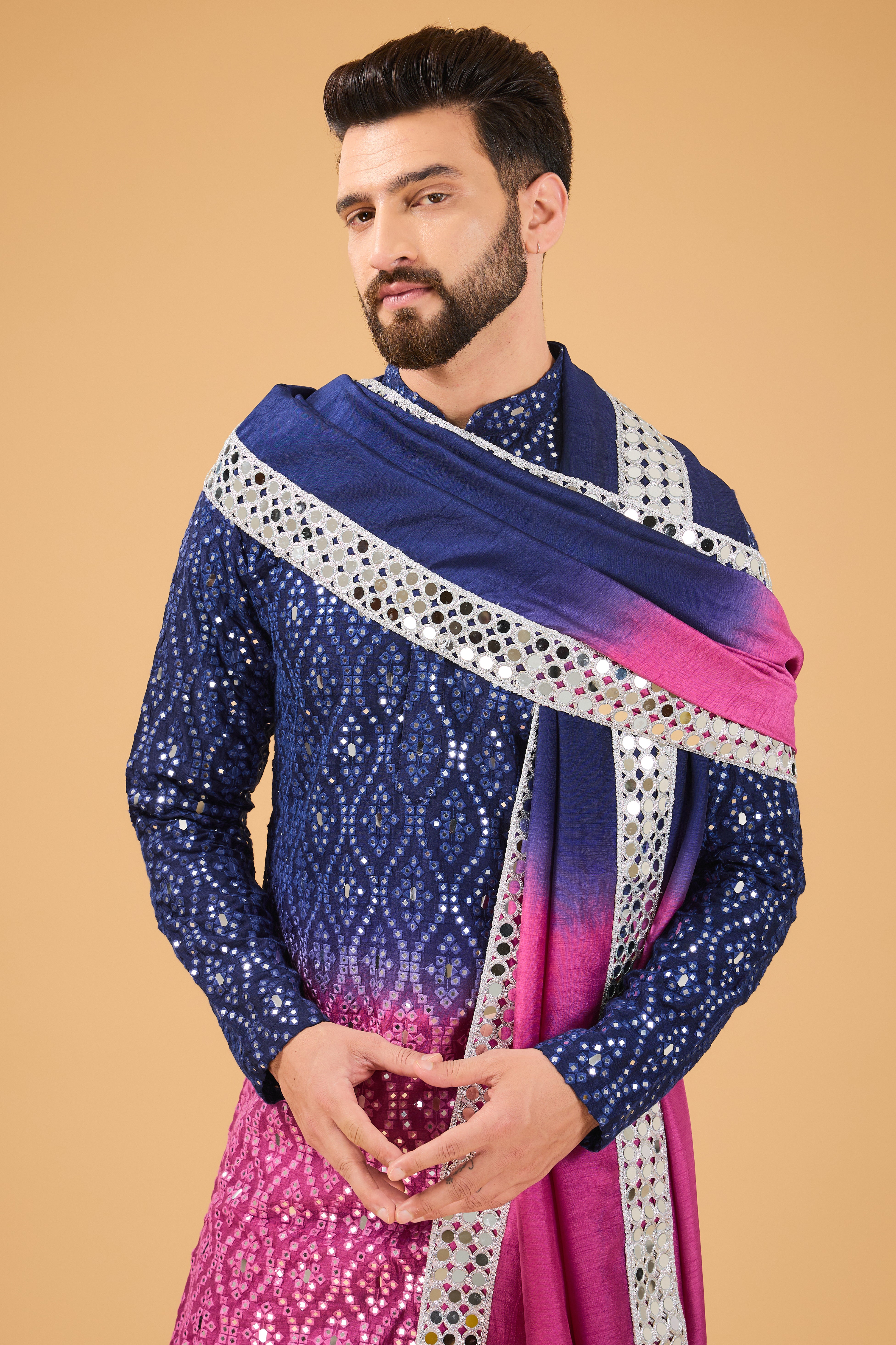 Midnight blue-fuchsia pink ombre shaded mirror work kurta with mirror-work stole. - kasbahmen