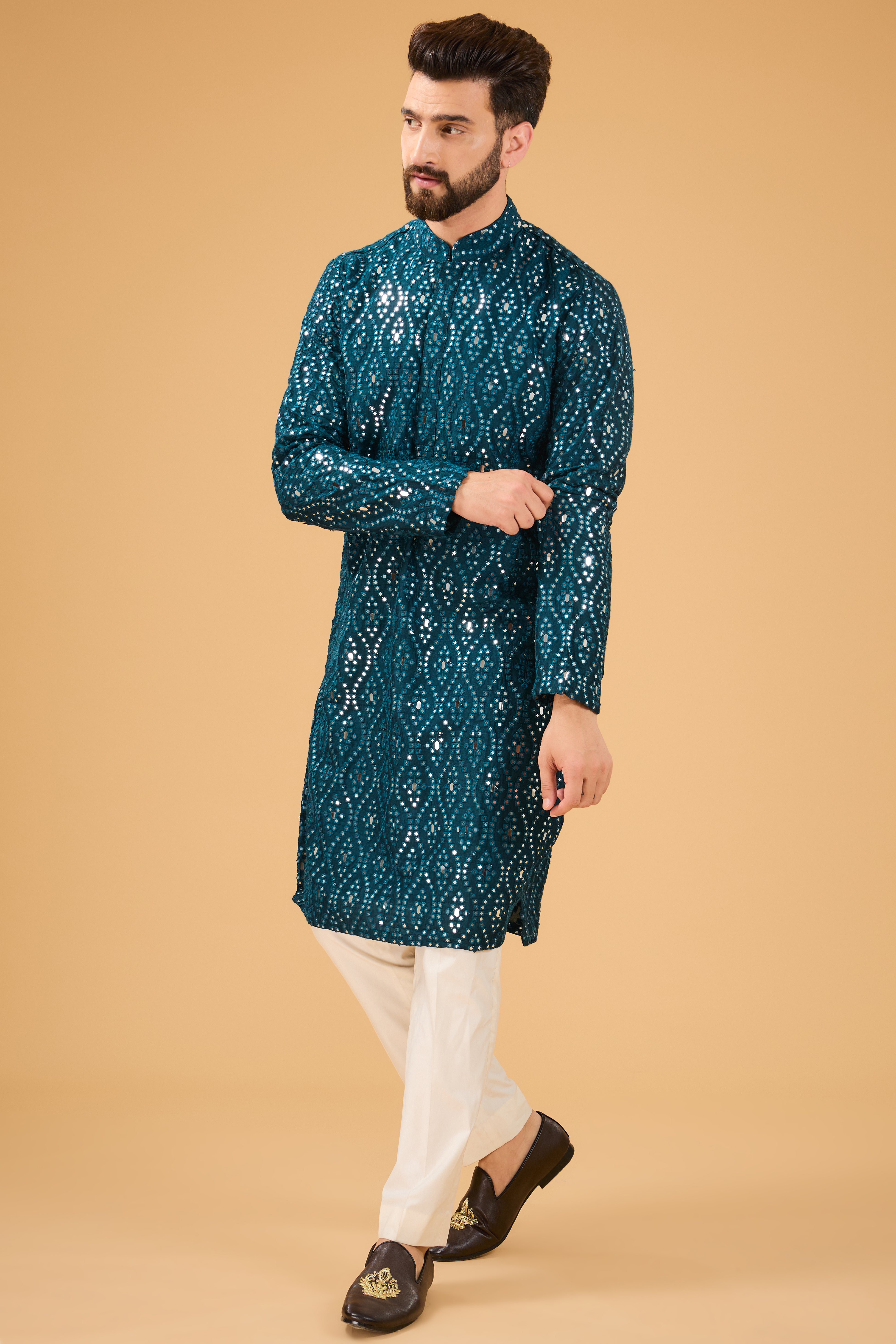 Signature teal mirror-work kurta - kasbahmen