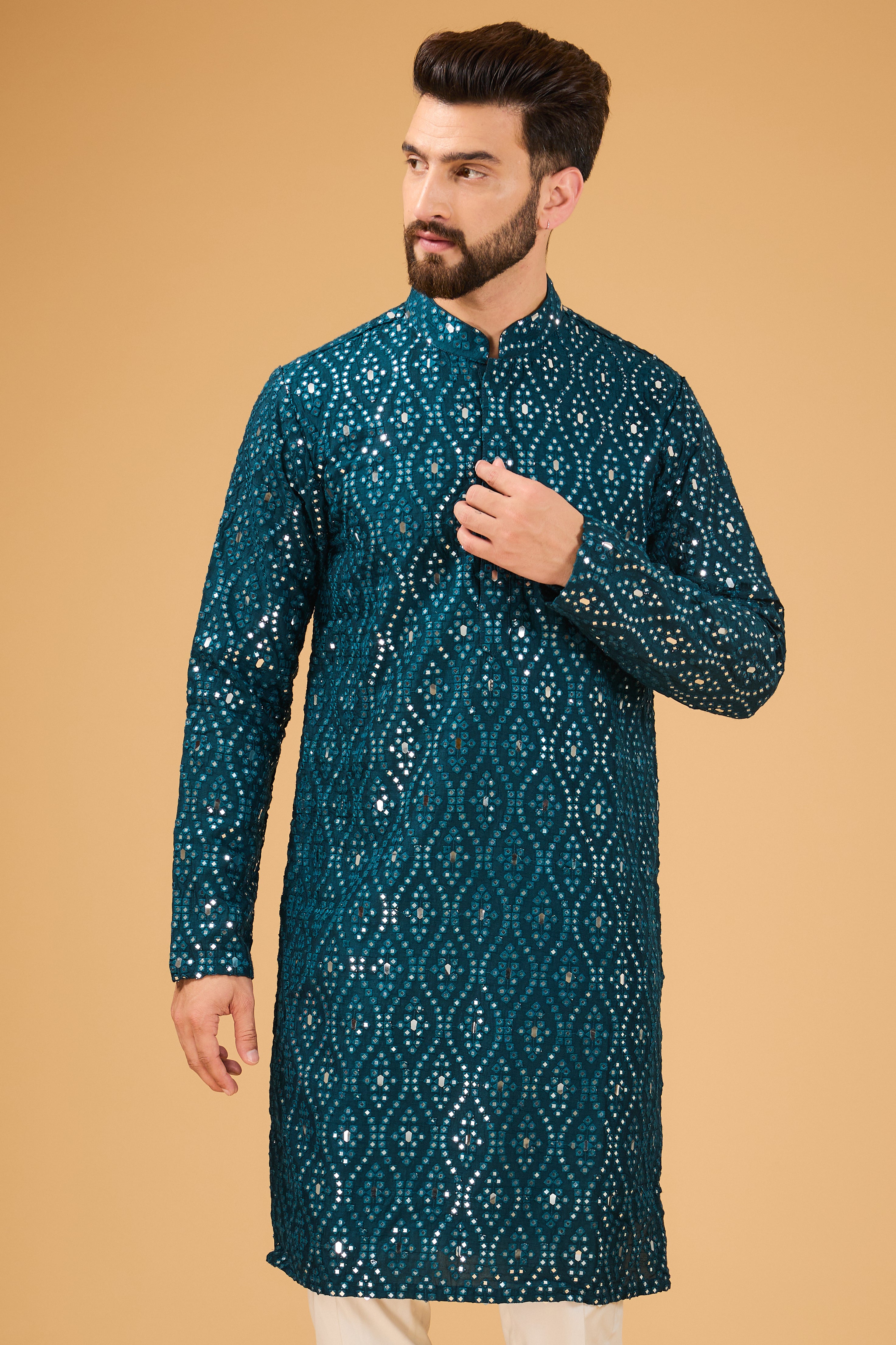 Signature teal mirror-work kurta - kasbahmen