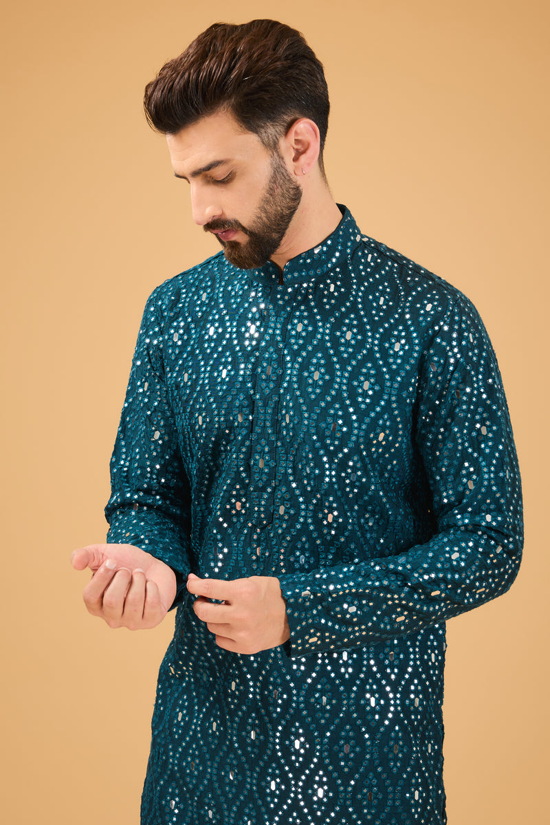 Signature teal mirror-work kurta - kasbahmen