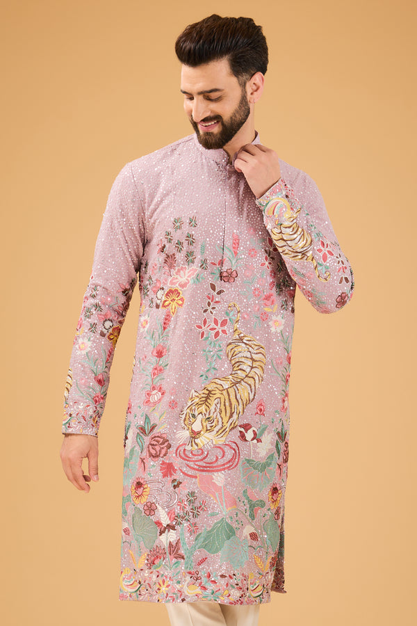 Purple flora and fauna - tiger embroidered kurta.