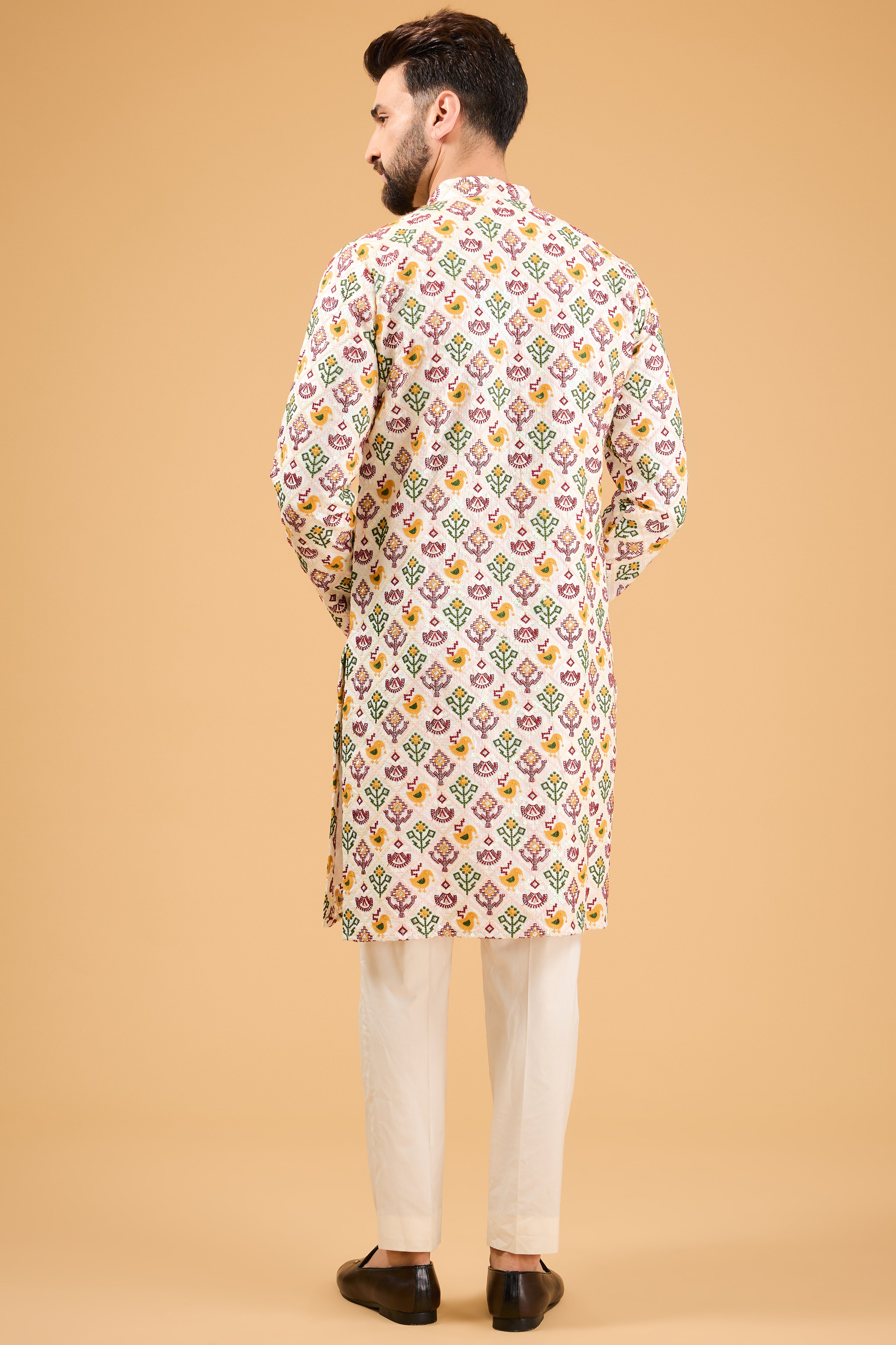 White multi-thread phulkari work kurta on silk - kasbahmen