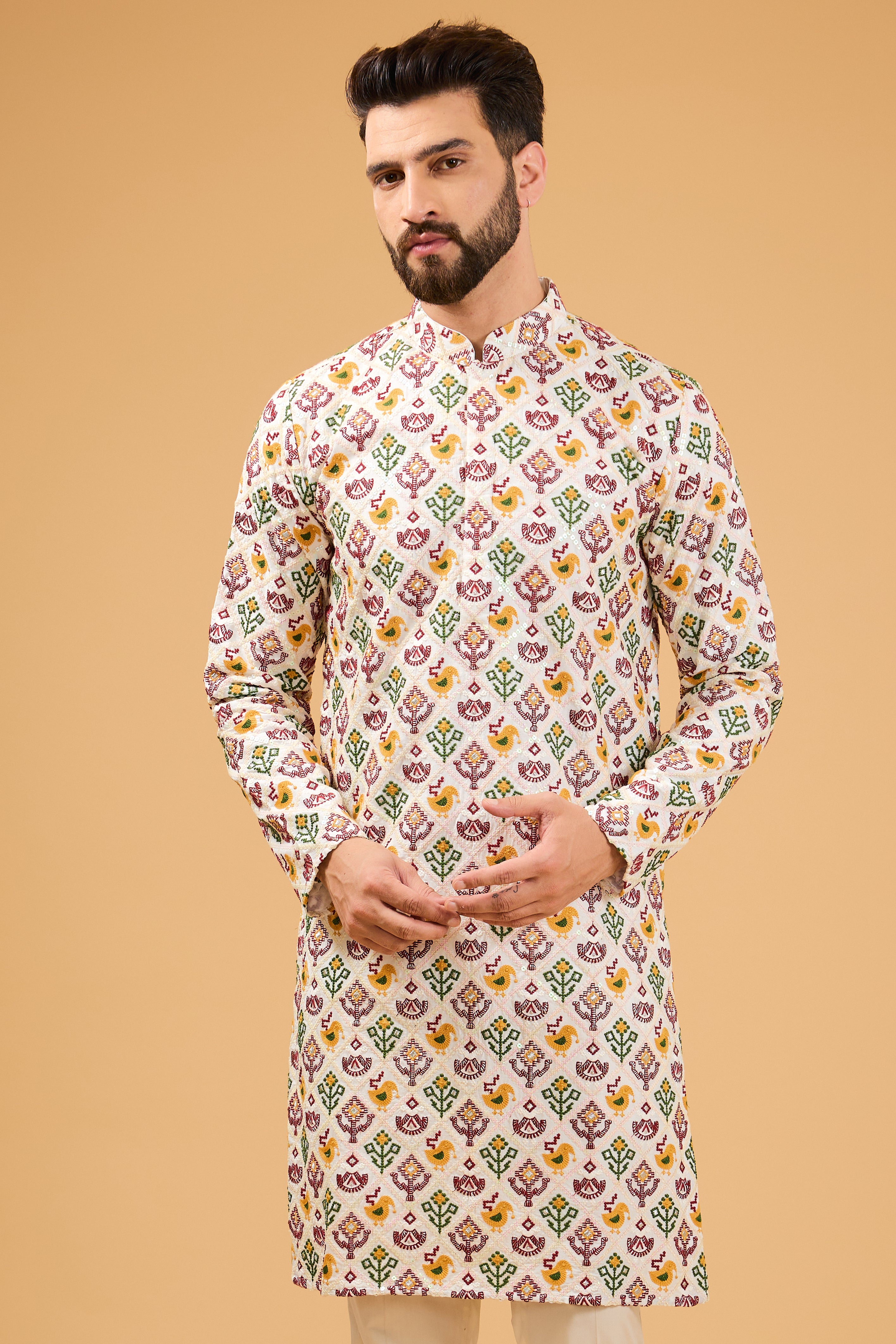 White multi-thread phulkari work kurta on silk - kasbahmen